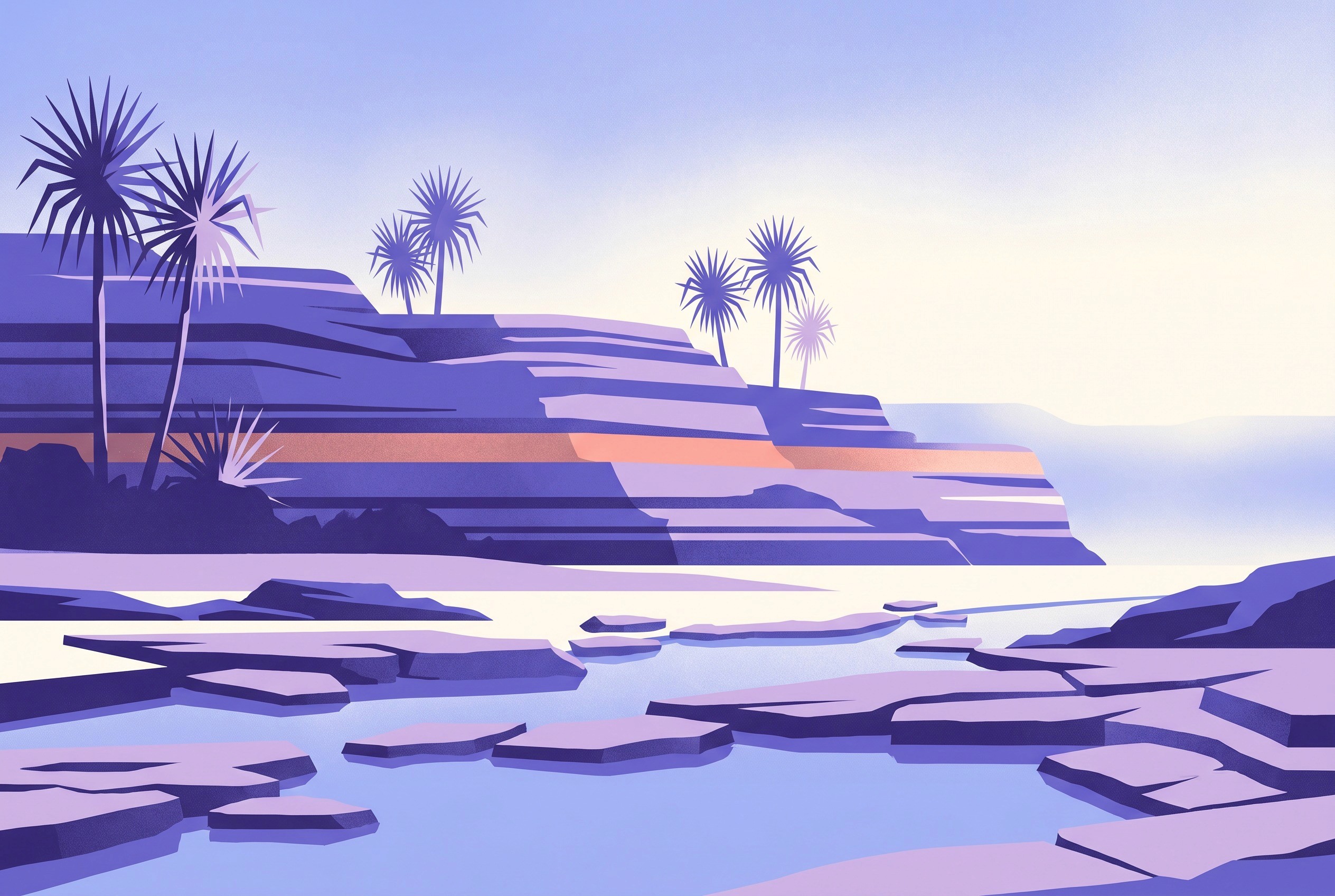 Flat editorial illustration, contemplative landscape composition representing the Northern Territory