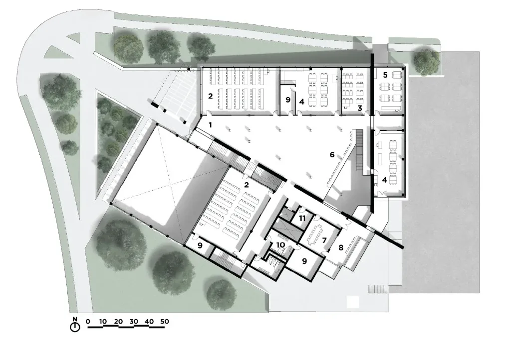 Level 2 floor plan — lobby, classrooms, labs, and study spaces