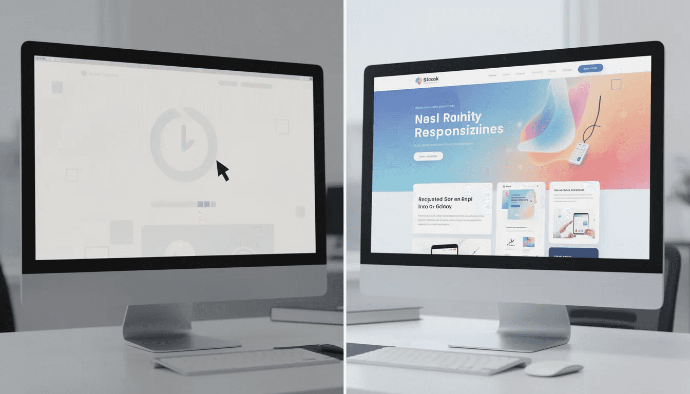 The image features a split screen comparing a slow-loading ecommerce website on the left, which may frustrate online shoppers, and a fast, responsive ecommerce site on the right, designed to enhance customer experience and boost conversions. This visual highlights the importance of site speed in ecommerce website optimization for attracting and retaining potential customers.