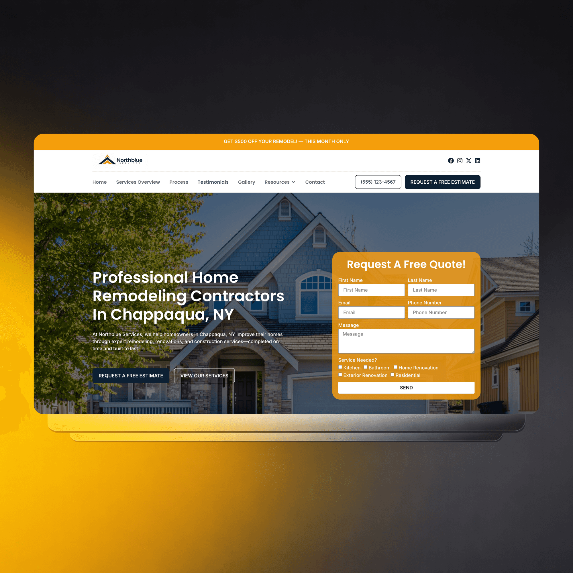 Modern home remodeling website design for Northblue Services featuring a clean layout, navigation bar, and a lead capture form over a residential home background.