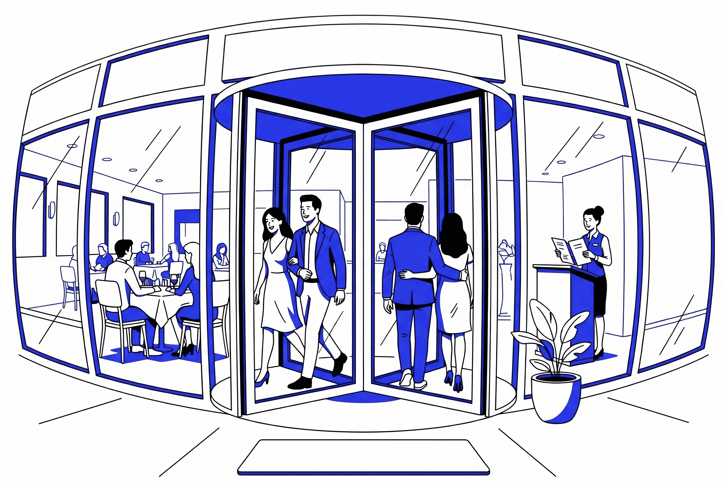 Guests entering and leaving a restaurant simultaneously through a revolving door, representing table turnover optimization for multi-location F&B brands in KSA and UAE