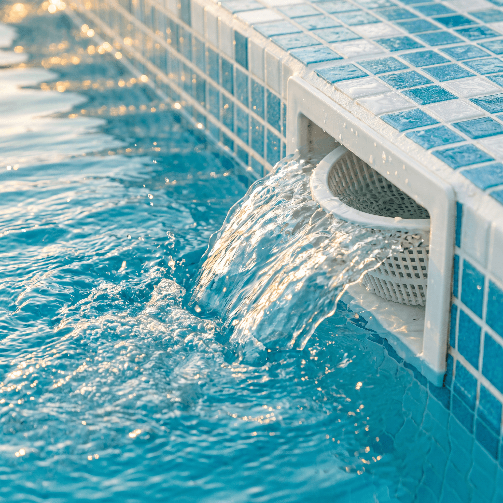 Pool water flowing into tile line skimmer