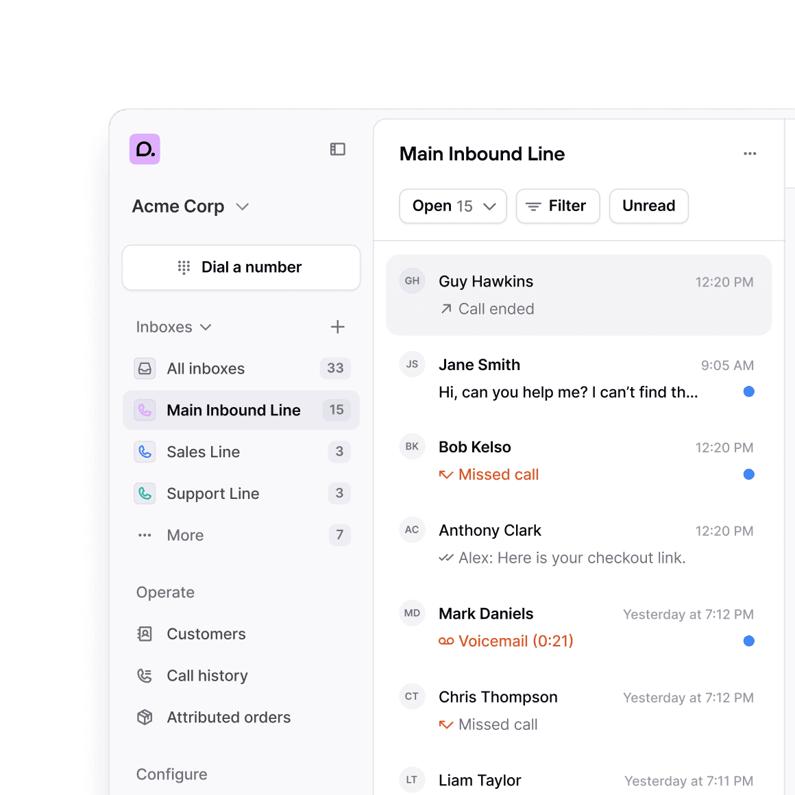 Consio's shared inbox showing the main inbound line with open conversations, missed calls, voicemails, and SMS threads across multiple phone lines managed from a single interface.