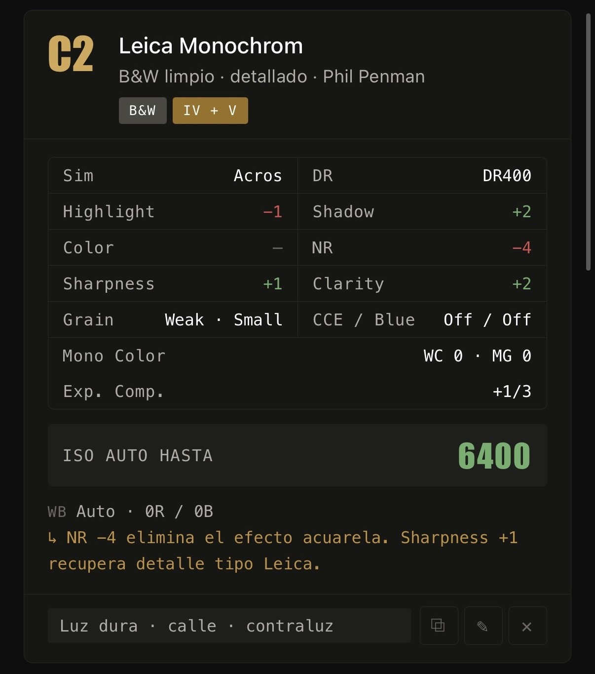 Ficha de la receta Leica Monochrom en C2 en mi app de recetas