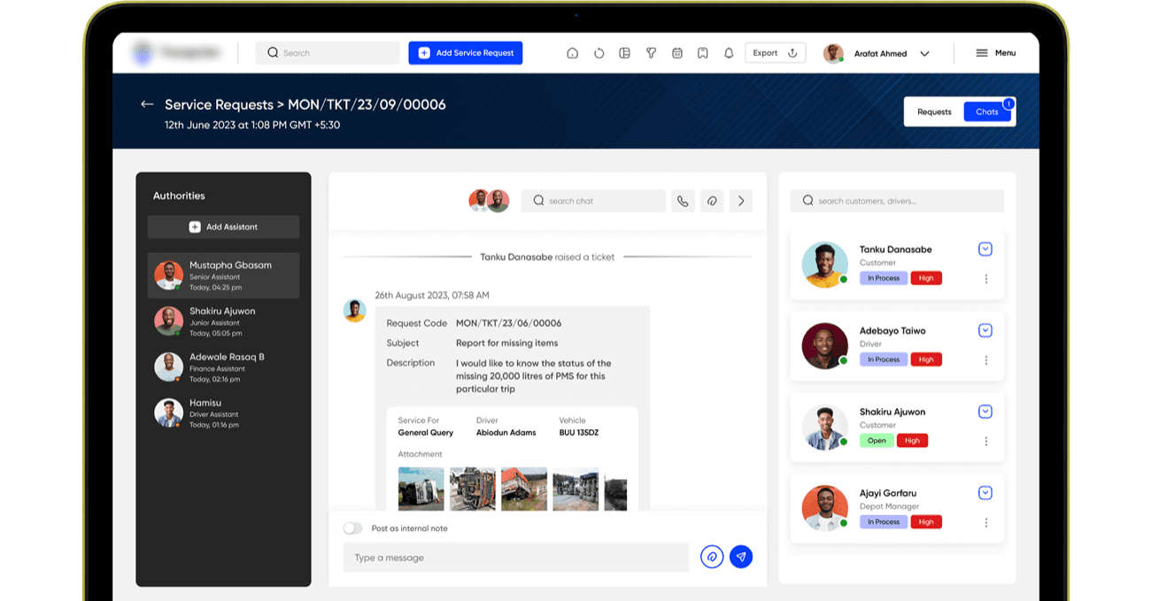 Support Provider UI — service request with internal notes