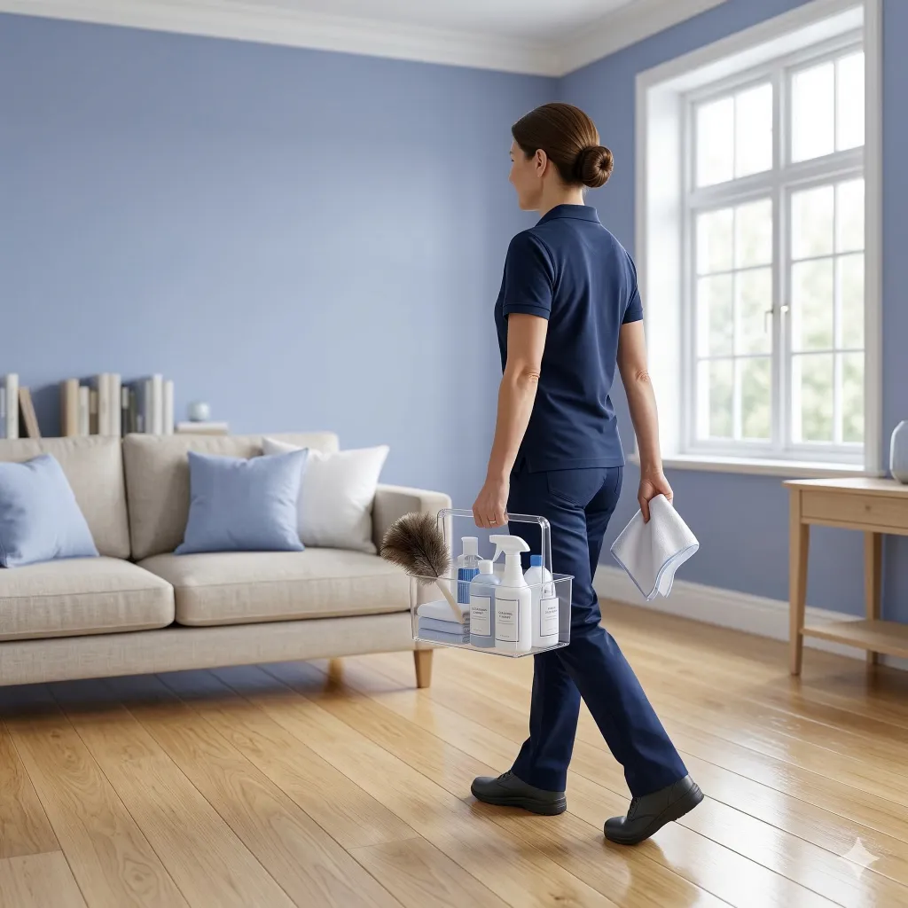 Une professionnelle du nettoyage Widy's en uniforme bleu porte un panier de produits dans un salon moderne et lumineux.