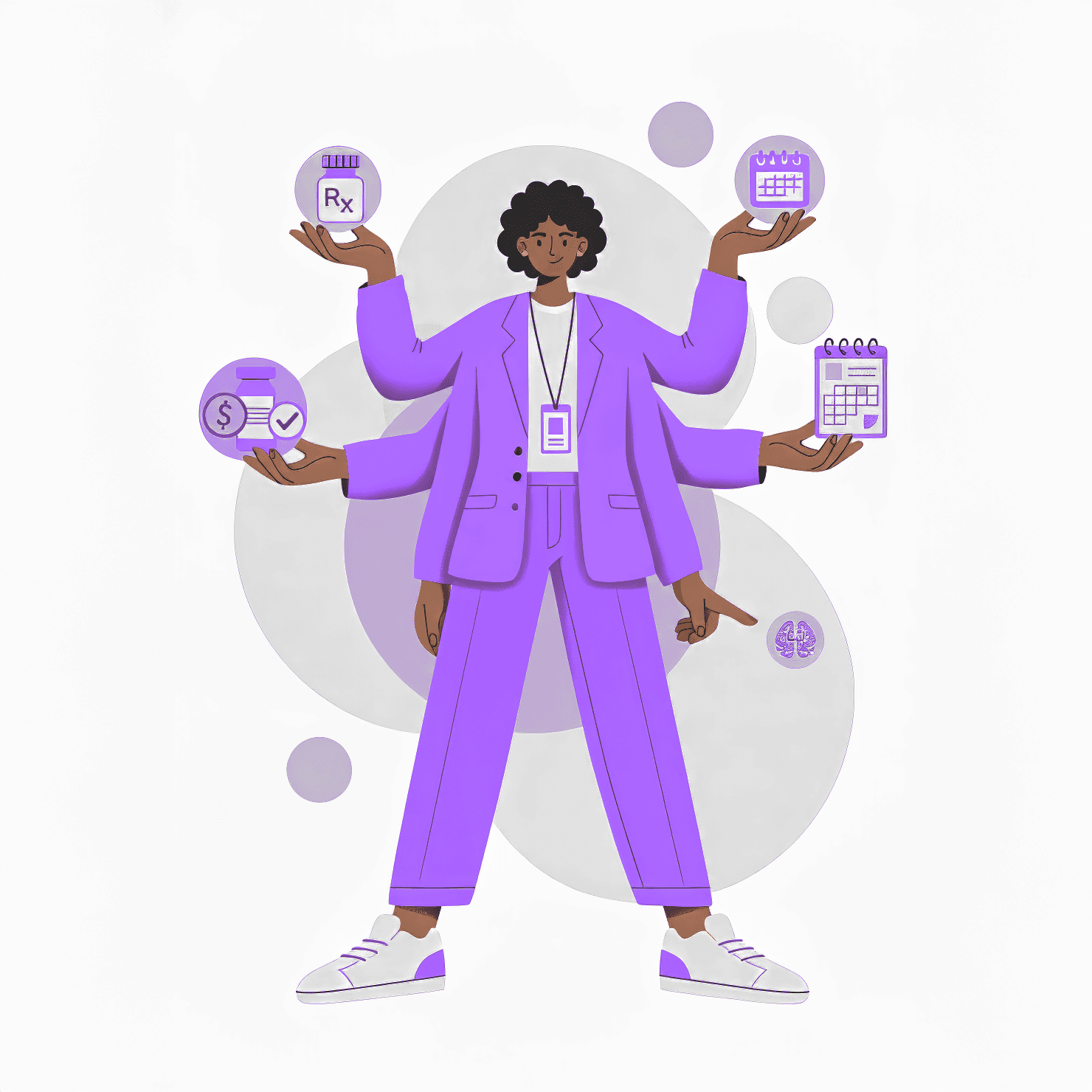 Illustration of a pharmacist character with six abstract arms holding icons for prescriptions, payments, scheduling, clinical notes and follow-up reminders, representing the shift toward multi-service, modern, technology-enabled community pharmacy.