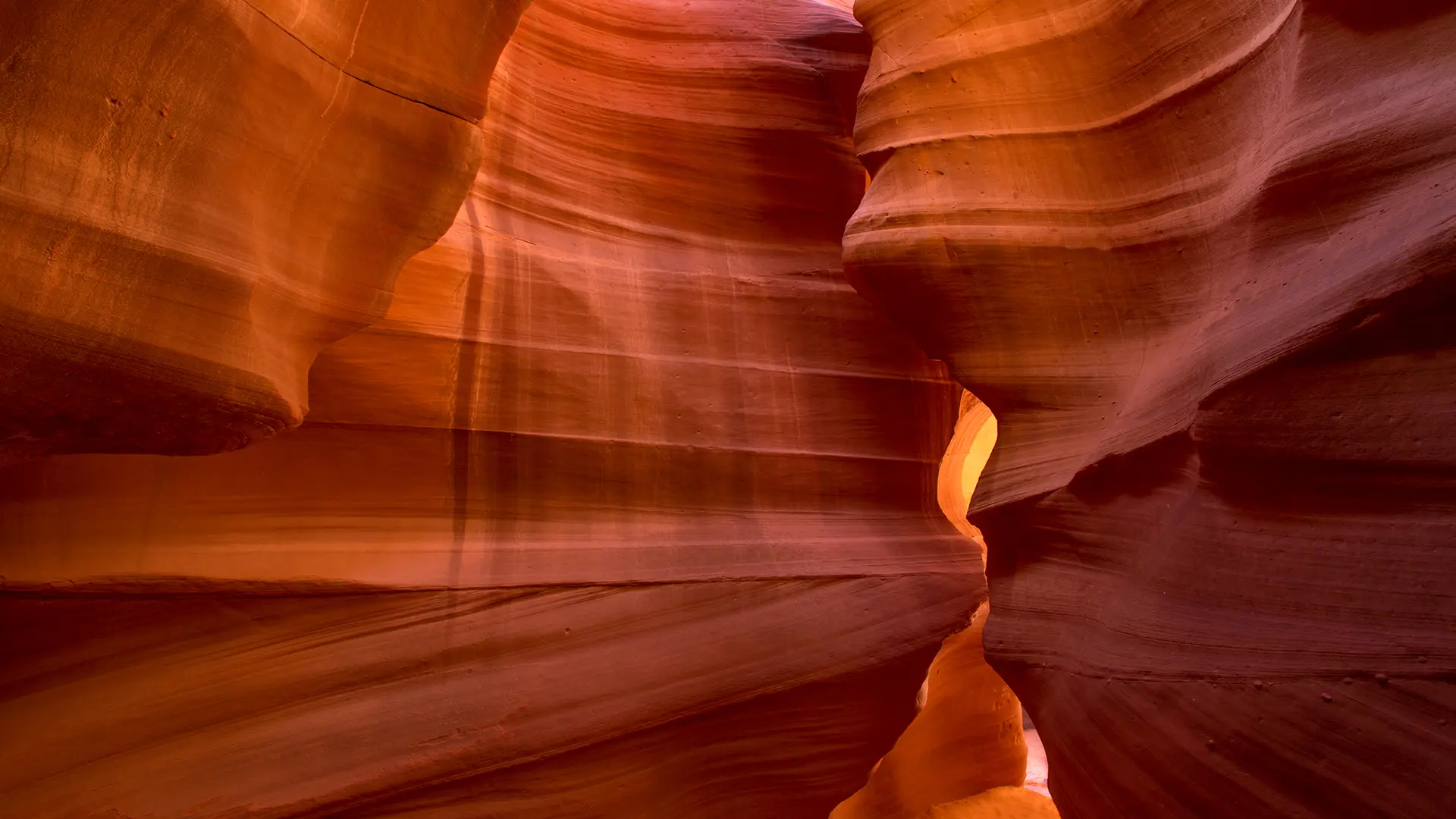 A stunning view of reddish-orange canyon walls, shaped by natural erosion and illuminated by soft light.
