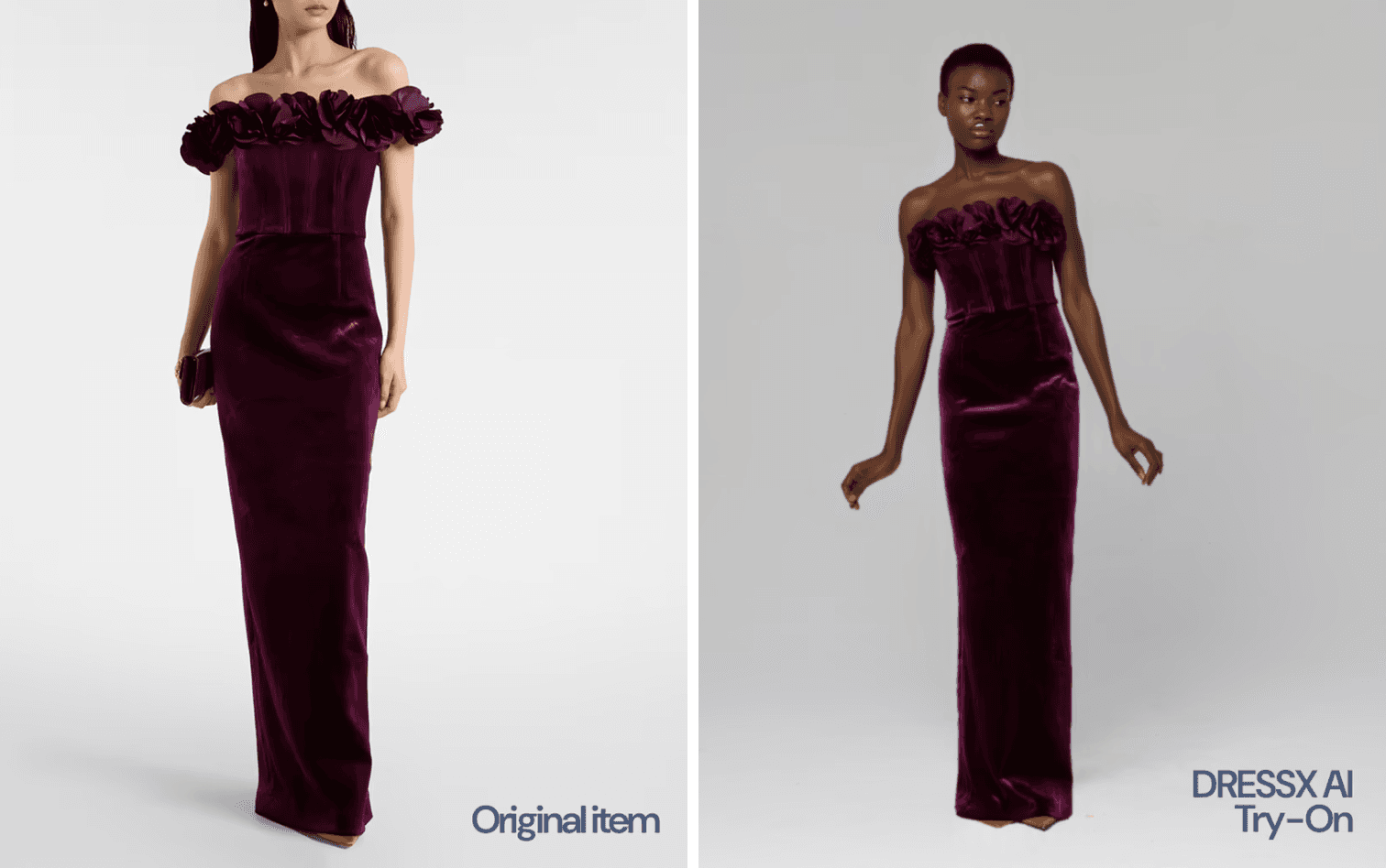 DRESSX Agent AI virtual try-on showing a burgundy velvet evening gown on a model compared to the original product image