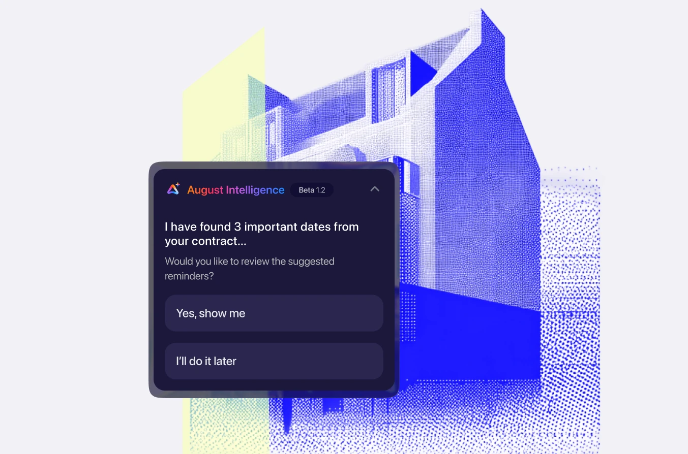 Landlord app screenshot showing August Intelligence reminders for contract dates. Example of property management software, landlord management app, and compliance app helping landlords track tenancy agreements, Section 8 Notice, Section 21 Notice, rent arrears, Right to Rent check, and landlord insurance tasks within a property management system.”