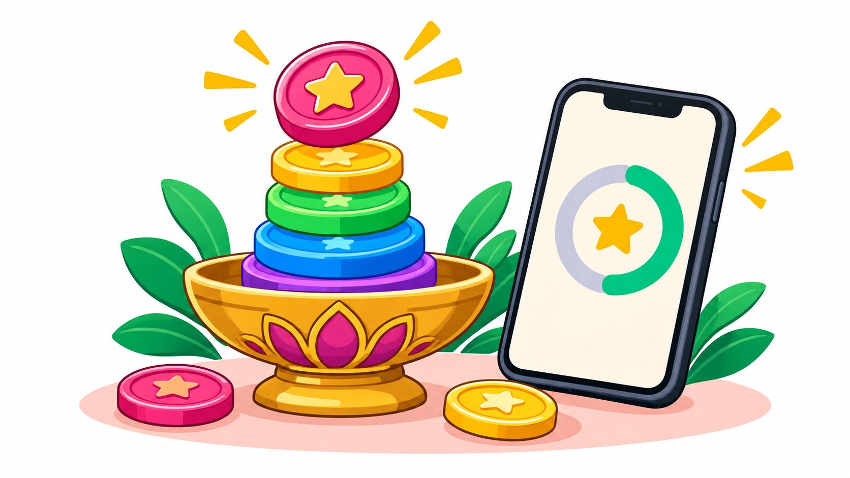 Una ilustración colorida de monedas con estrellas sobre un recipiente dorado junto a un teléfono móvil.