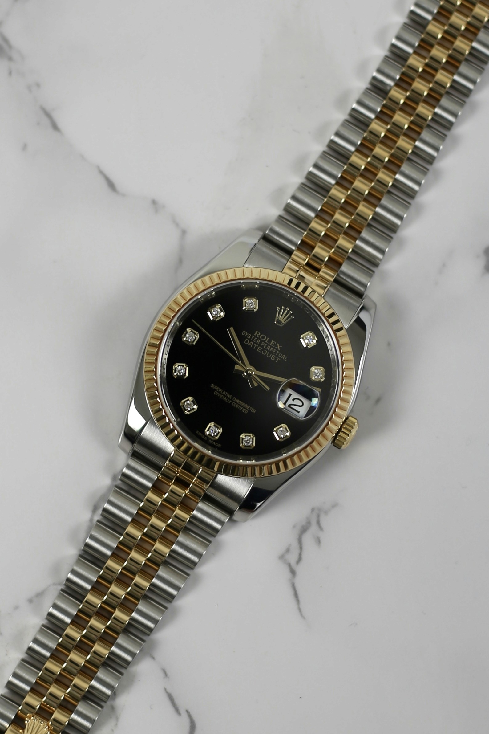 DATEJUST FACTORY BLACK DIAMOND HIDDEN CLASP JUBILEE (STEEL & GOLD)