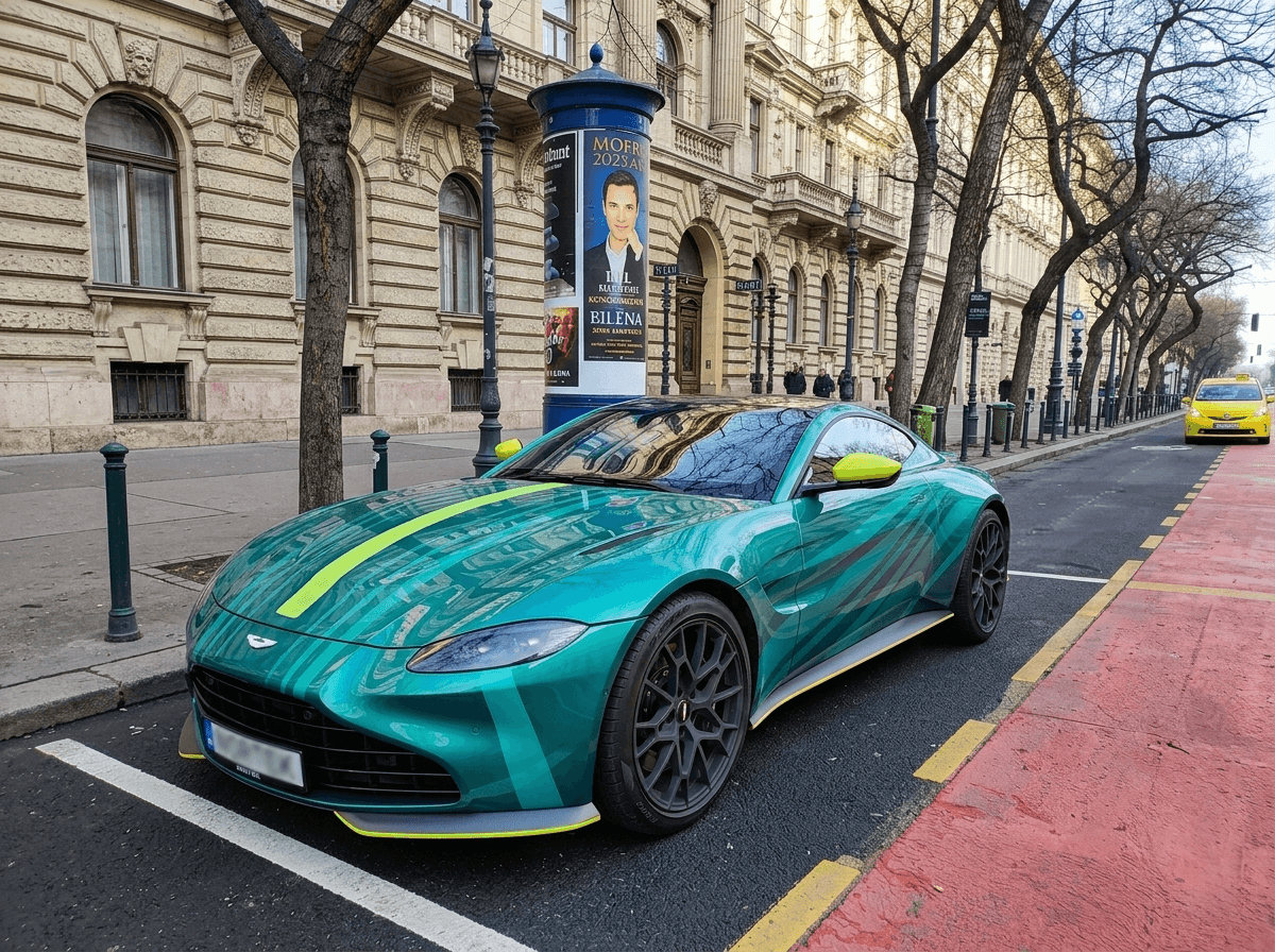 Ügyfelünk által küldött fotó: egyedi metálzöld és neon sárga racing livery autófóliával (custom autógrafika) bevont Aston Martin Vantage parkol egy budapesti utcán. A Nortek által tervezett és kivitelezett prémium dizájn.
