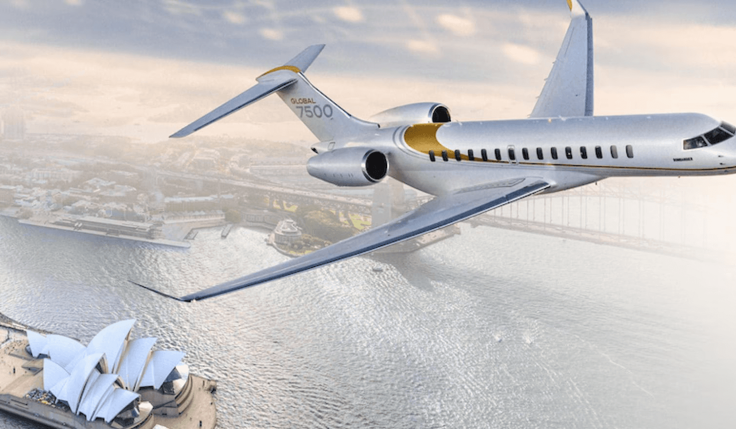 A private plane with a white and gold livery flies over the iconic shell of the Sydney opera house.