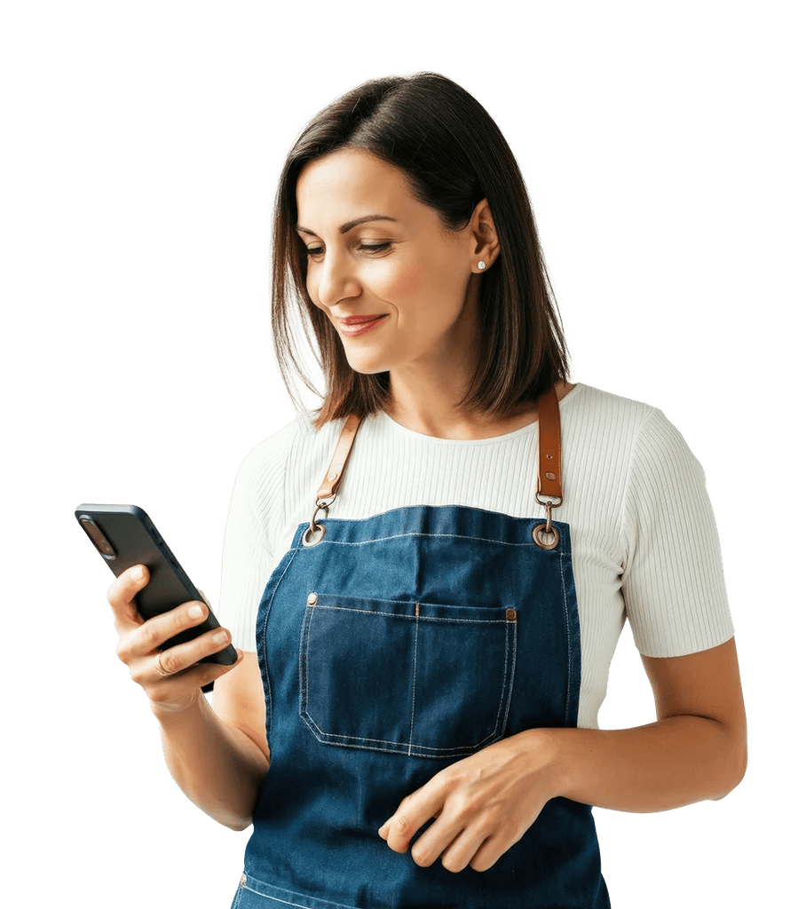 A woman wearing an apron looking down at her phone