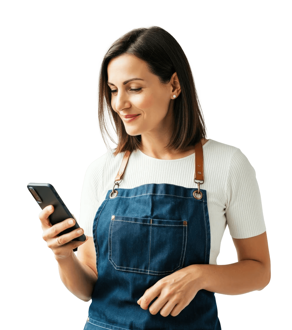 A woman wearing an apron looking down at her phone