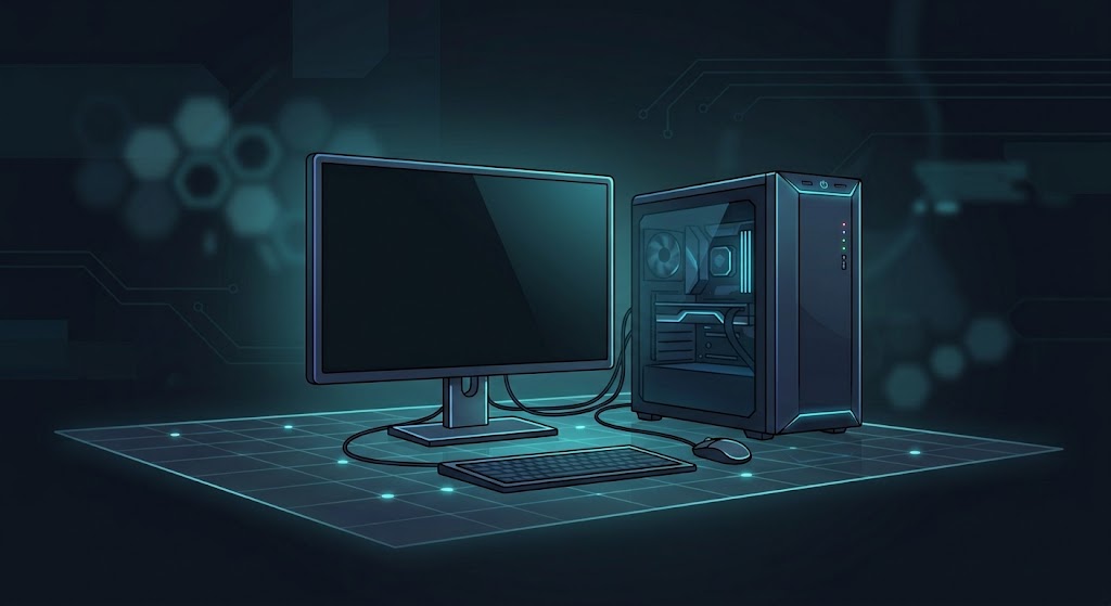 A desktop monitor and PC tower on a glowing teal grid