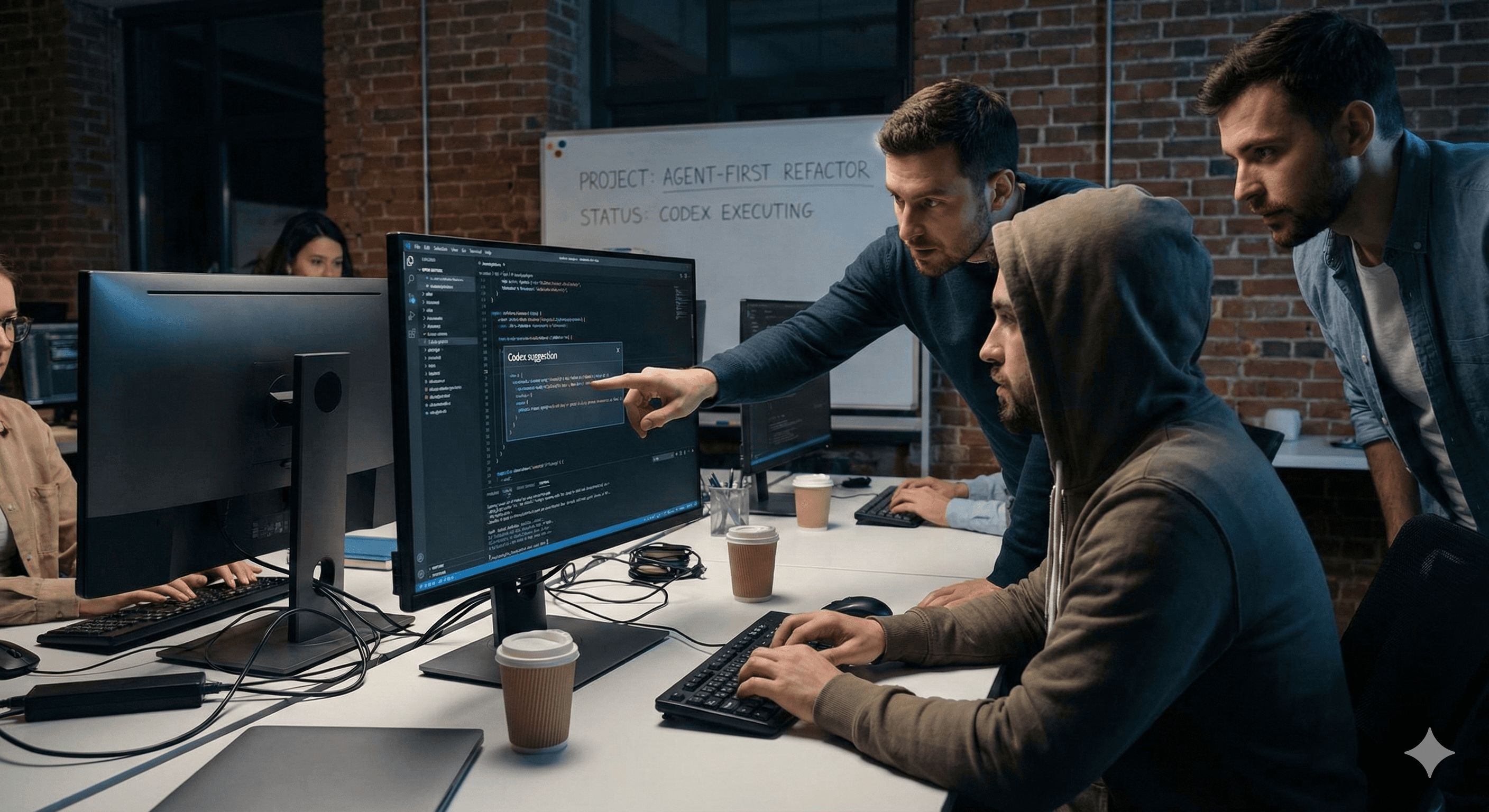 A team of focused software developers collaborates at a desk in an industrial-style office, with one person pointing at code on a dual-monitor setup; a whiteboard in the background displays the words "Project Agent-First Refactor, Status: Codex Executing," emphasizing the Codex for Agent-First Engineering theme.