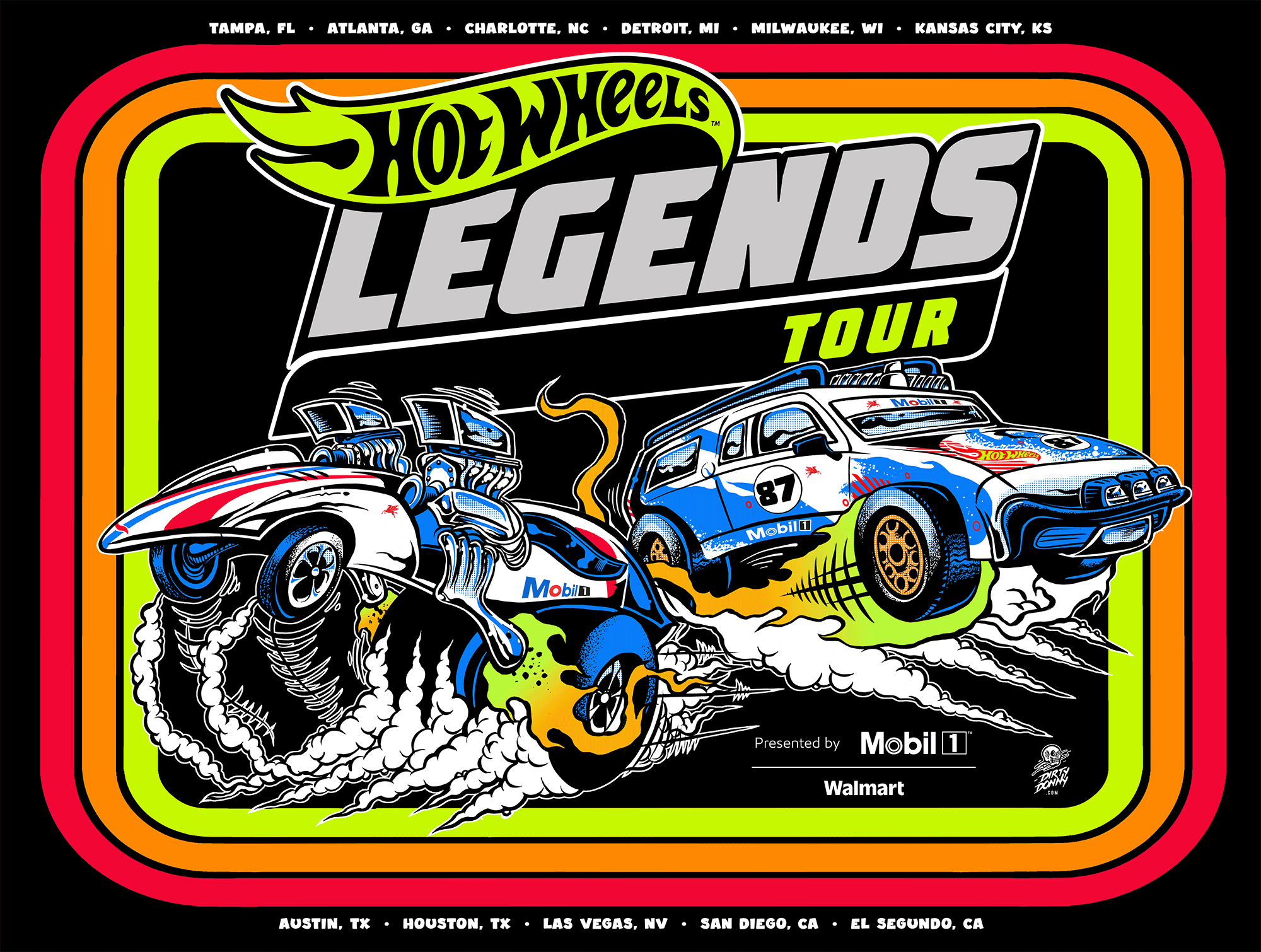 Hot Wheels Legends Tour poster featuring illustrated Mobil 1–branded cars — the Twin Mill and Dirtmeister — kicking up smoke and dirt, surrounded by bold retro rainbow borders and tour locations.