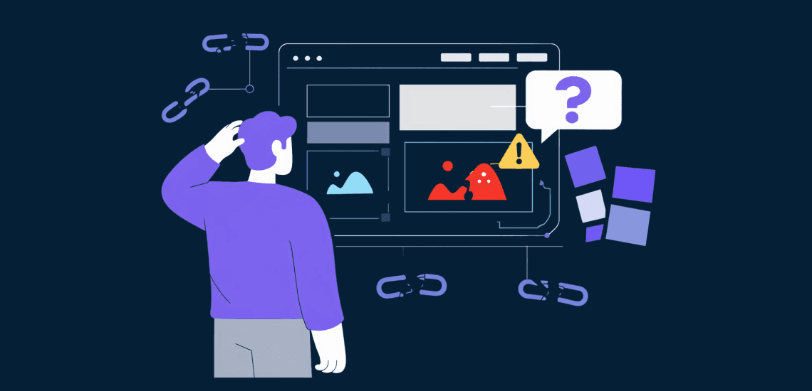 Confused person looking at a website with errors and question mark in a speech bubble, concept illustration