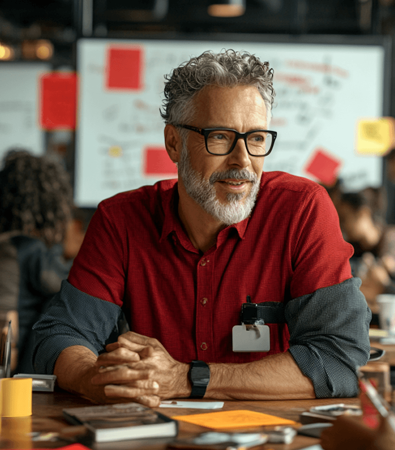 A bearded man wearing glasses and a red shirt sits at a wooden table in a busy, modern office environment with colleagues engaged in discussion and red sticky notes on a whiteboard in the background.