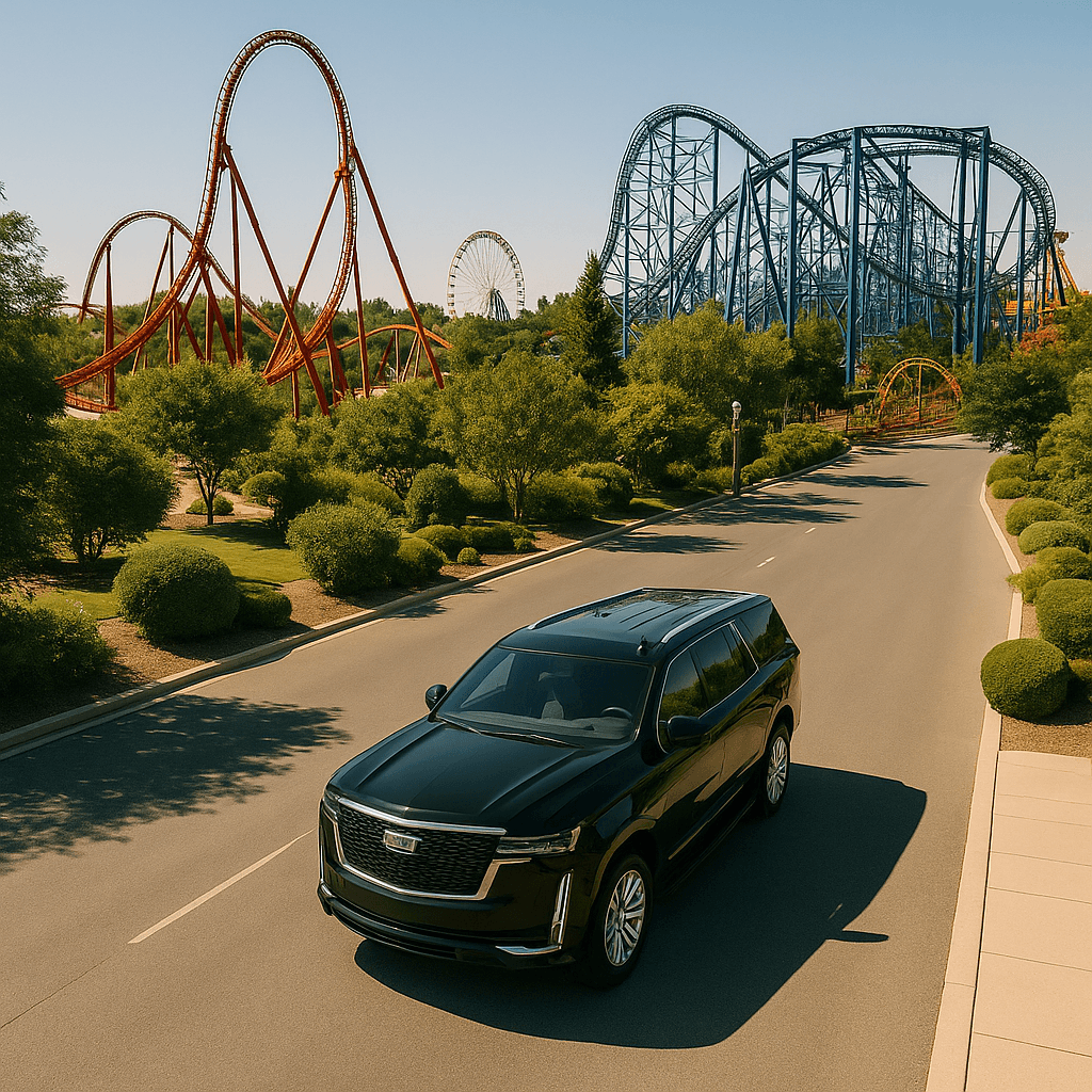 Luxury black car parked in a scenic travel destination