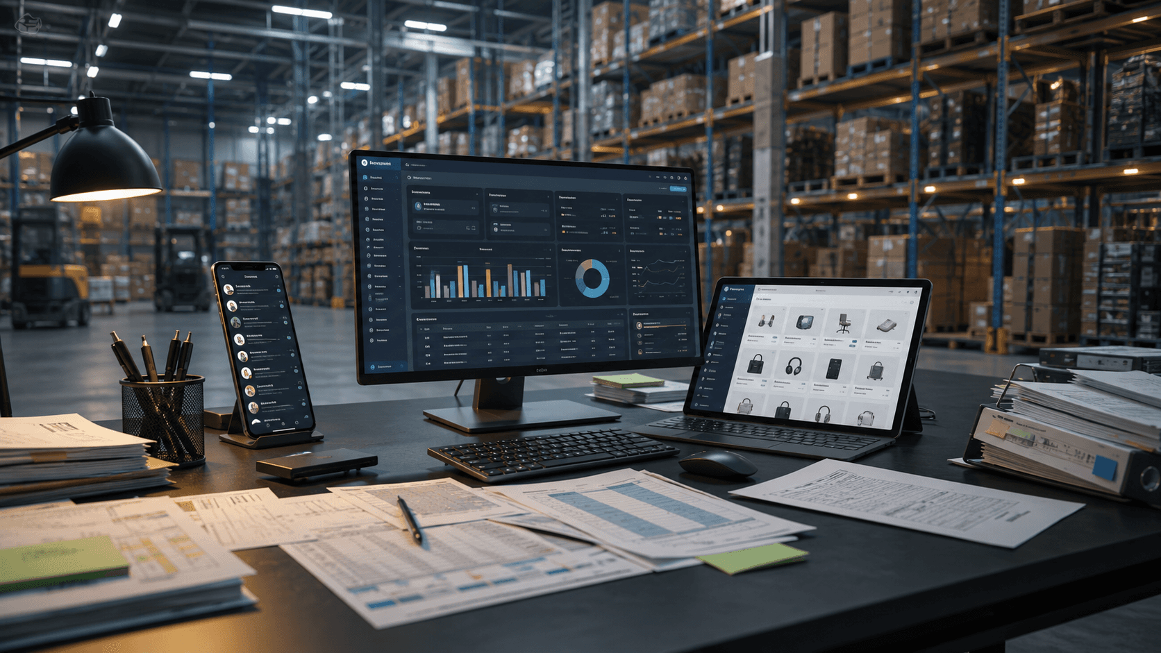 Ambiente de distribuidora moderna com centro logístico ao fundo, mesa de operação com monitor de ERP, portal B2B em tablet, smartphone com pedidos chegando por mensagens e planilhas espalhadas, simbolizando a integração entre gestão, vendas digitais e processos comerciais em crescimento.