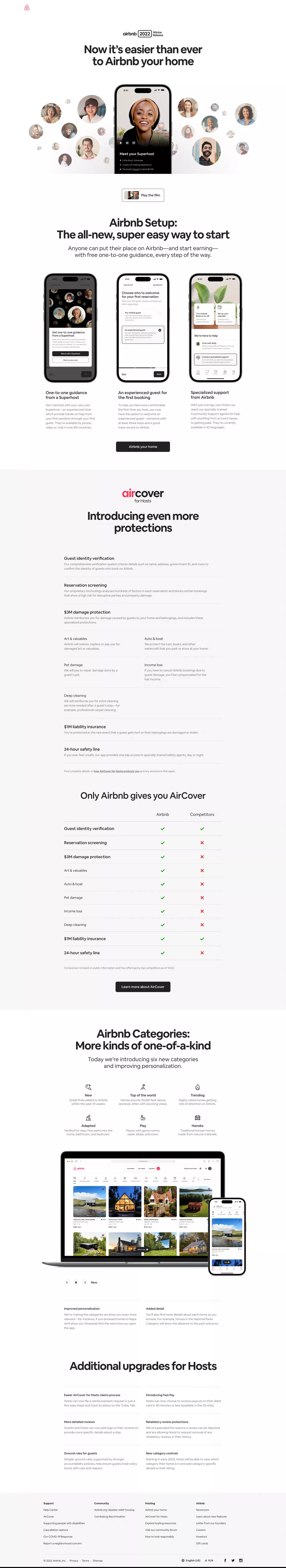 The Airbnb 2022 Winter Release landing page screenshot showcasing Travel and Tech design
