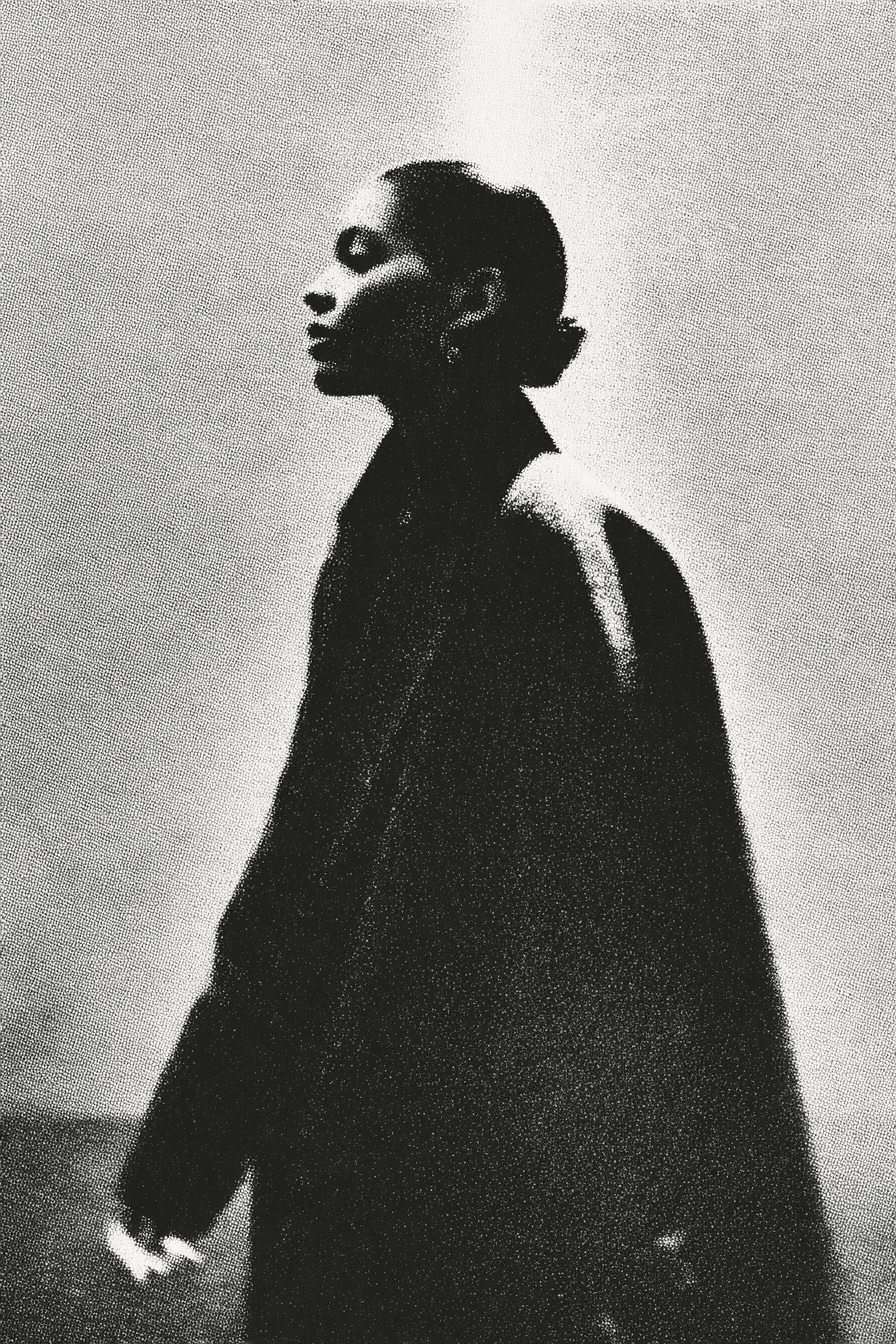 Aventi Studio Cinematic Closure: A lone figure walking towards a blinding overexposed light source at the end of a concrete runway. High-grain black and white aesthetic. Symbolizes the 'Static Runway' concept—the transition from physical presence to digital void.