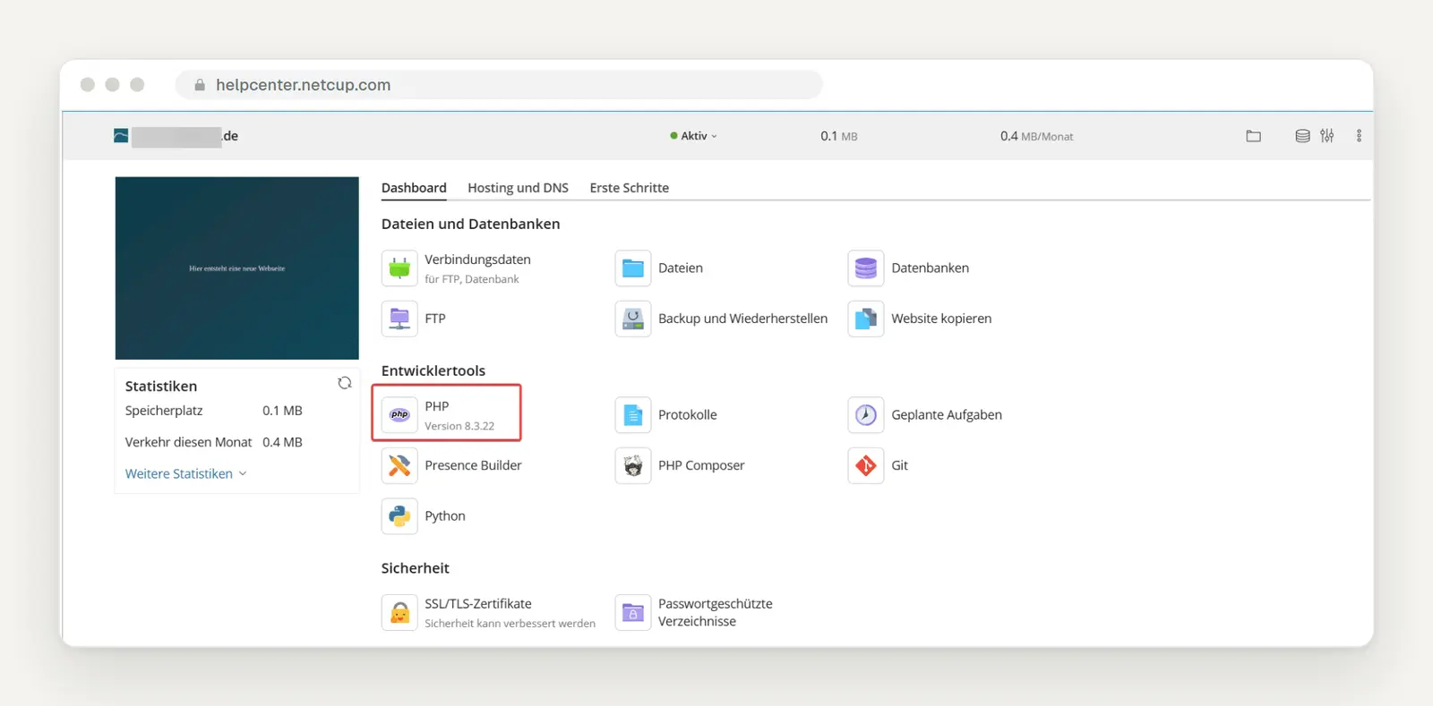 netcup Web Hosting Control Panel: Domain Dashboard with the "PHP" tile under "Developer Tools"