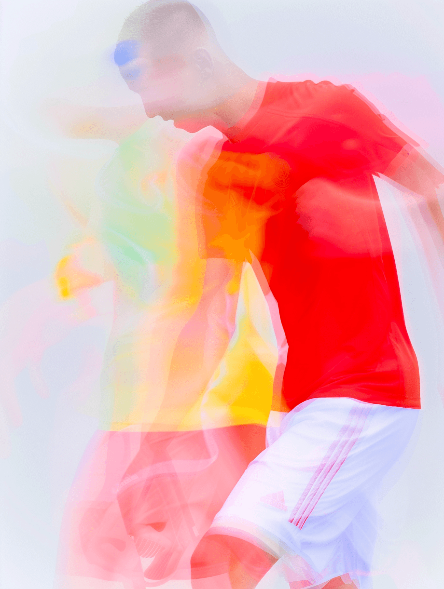Abstract colorful image of a performer with red and yellow light streaks.