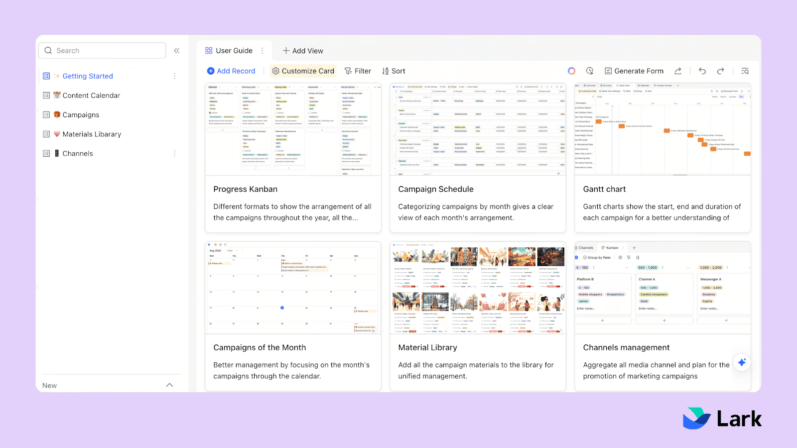 Lark base's content calendar template