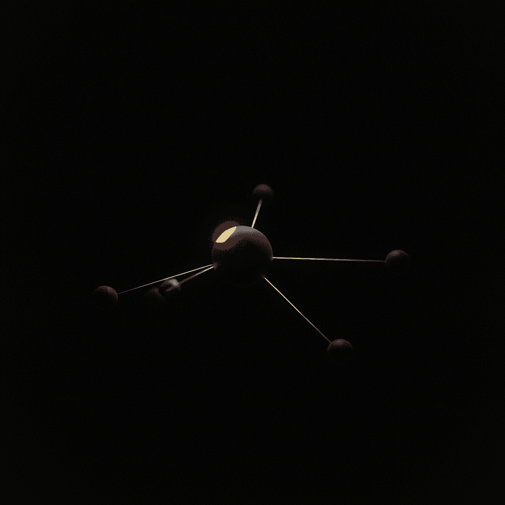 Single orange node connected by thin light threads to four smaller dark nodes against deep black void
