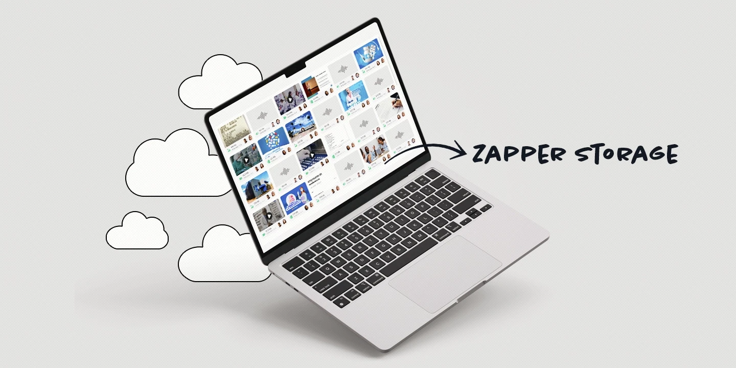 Notebook com a tela da solução de armazenamento de Zapper aberta e uma seta indicando “Zapper Storage”, em seu fundo, várias nuvens