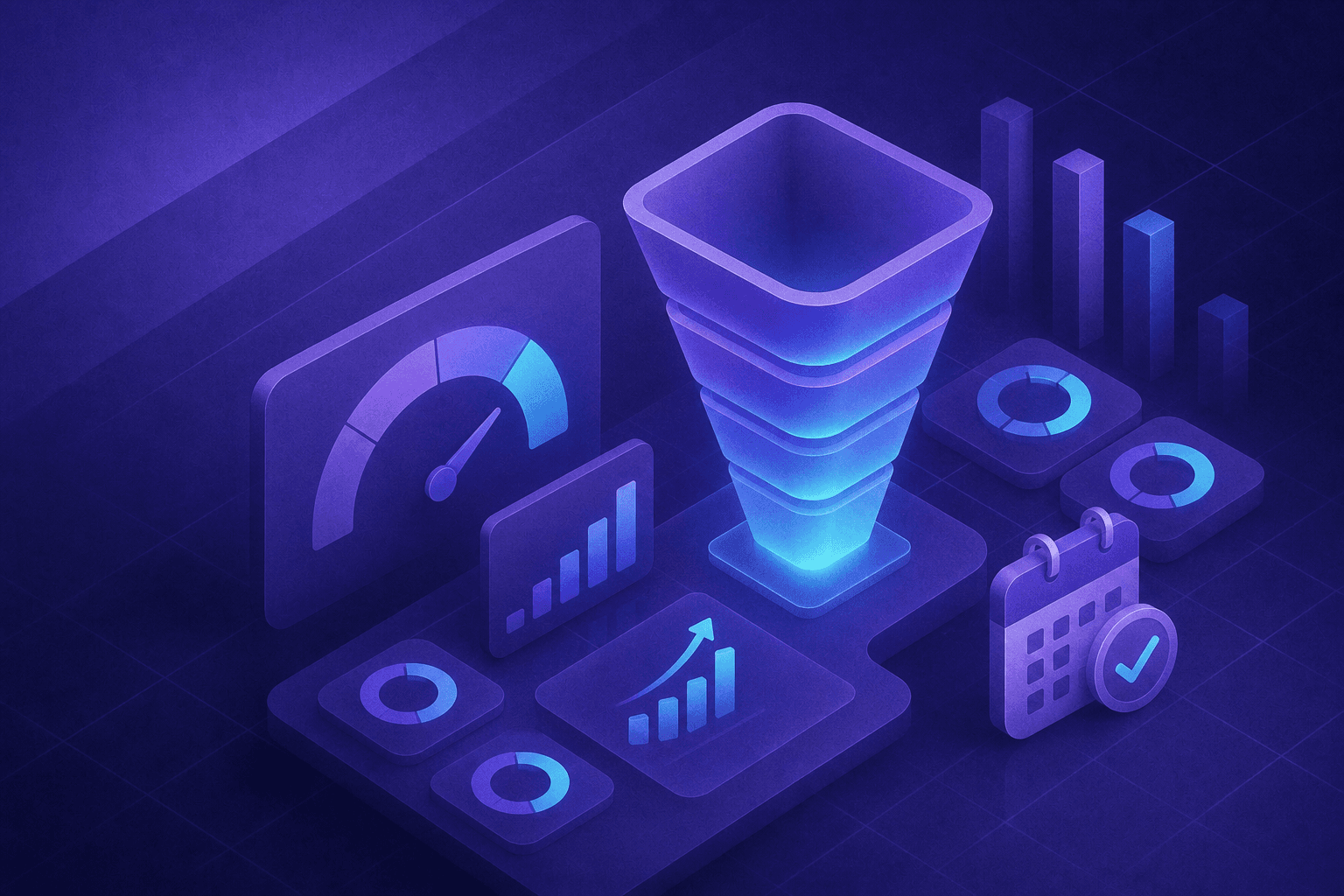 A sleek, modern isometric dashboard visualization showing B2B sales performance metrics: multiple gauge dials and circular progress indicators at various fill levels, small bar charts trending upward, a funnel shape narrowing from top to bottom with glowing stages, and a calendar icon with a checkmark. Blue and teal color palette on a dark background with subtle geometric grid lines, clean professional tech aesthetic, no text or labels or numbers.
