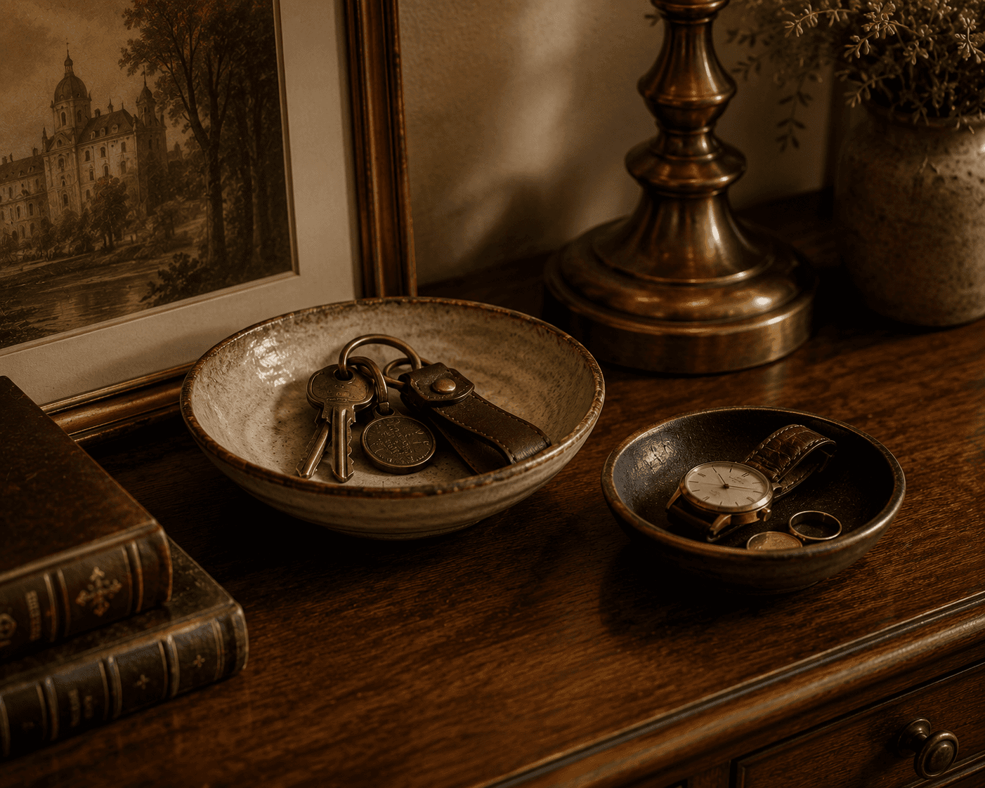 A vintage-style entryway table organization setup on a dark wood surface. A speckled beige ceramic catchall bowl holds brass keys on a leather keychain, while a smaller dark brown ceramic dish alongside holds a gold wristwatch and rings. Framed art, leather-bound books, and a brass lamp base frame the scene in warm light.