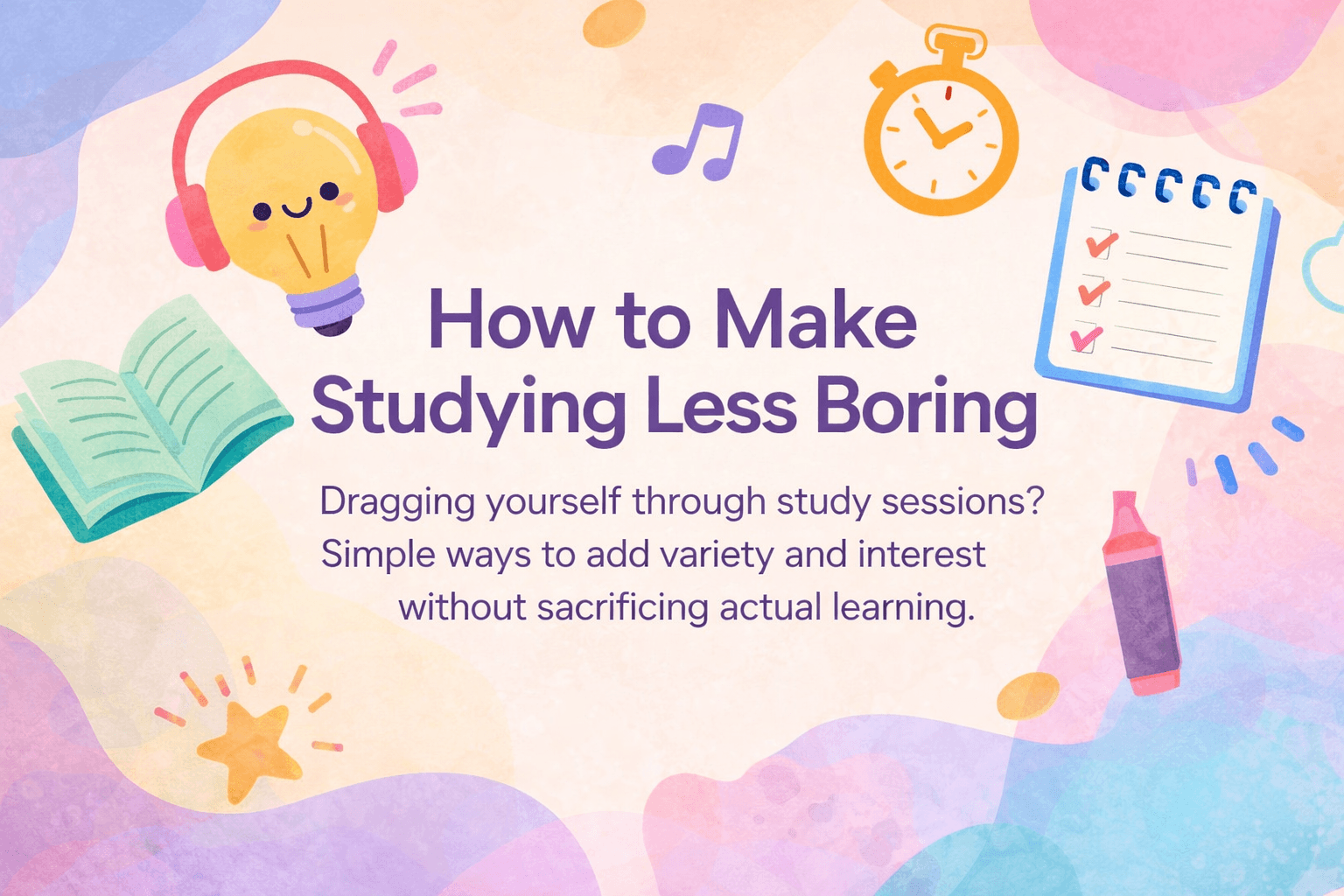 How to Make Studying Less Boring headline with playful lightbulb in headphones, books and notes showing fun study ideas.