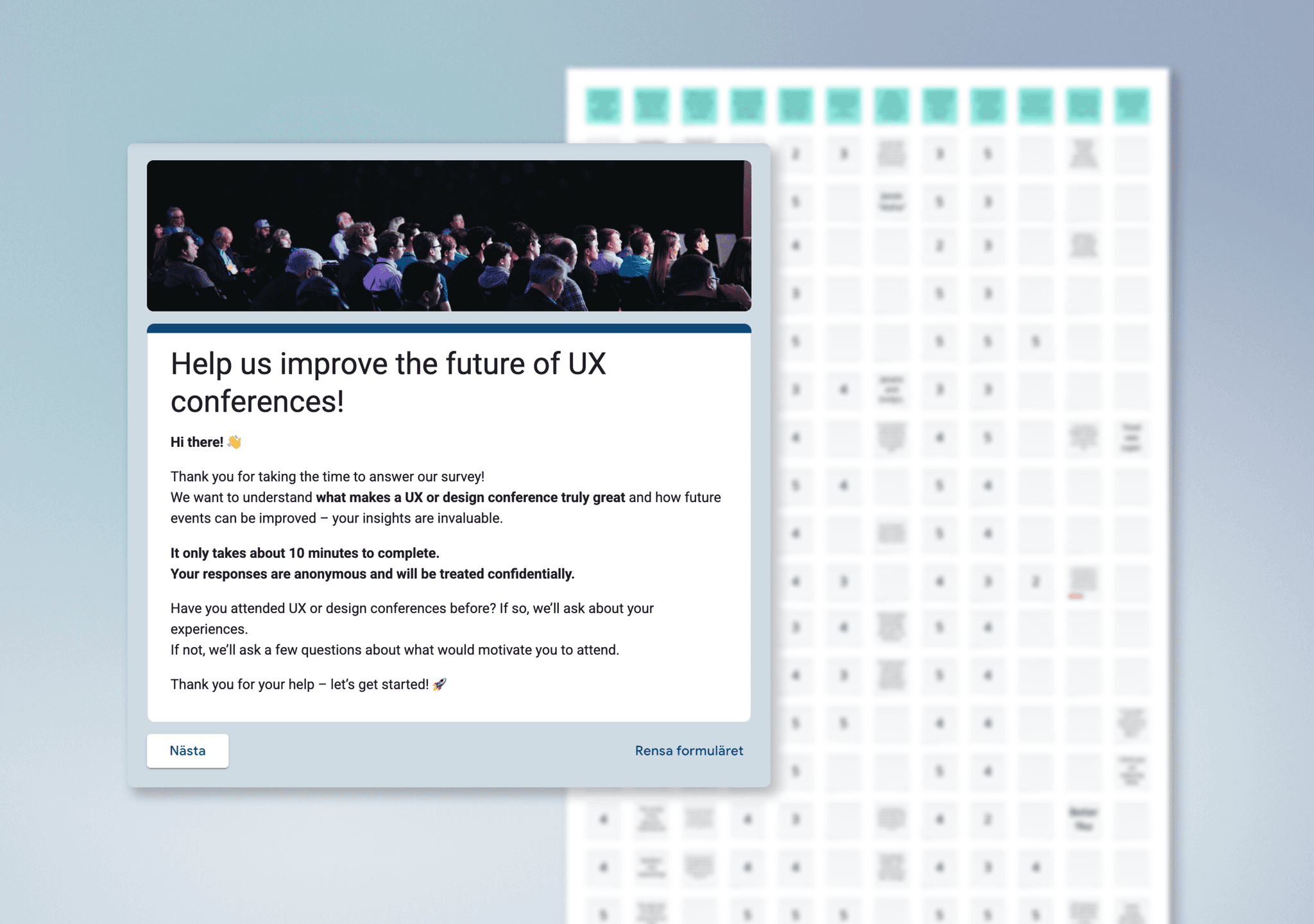 Screenshot showing the UX conference survey form with an introduction message and spreadsheet of collected responses