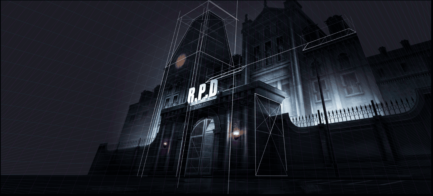 R.P.D. Building drawing and painting work in progress with perspective construction lines