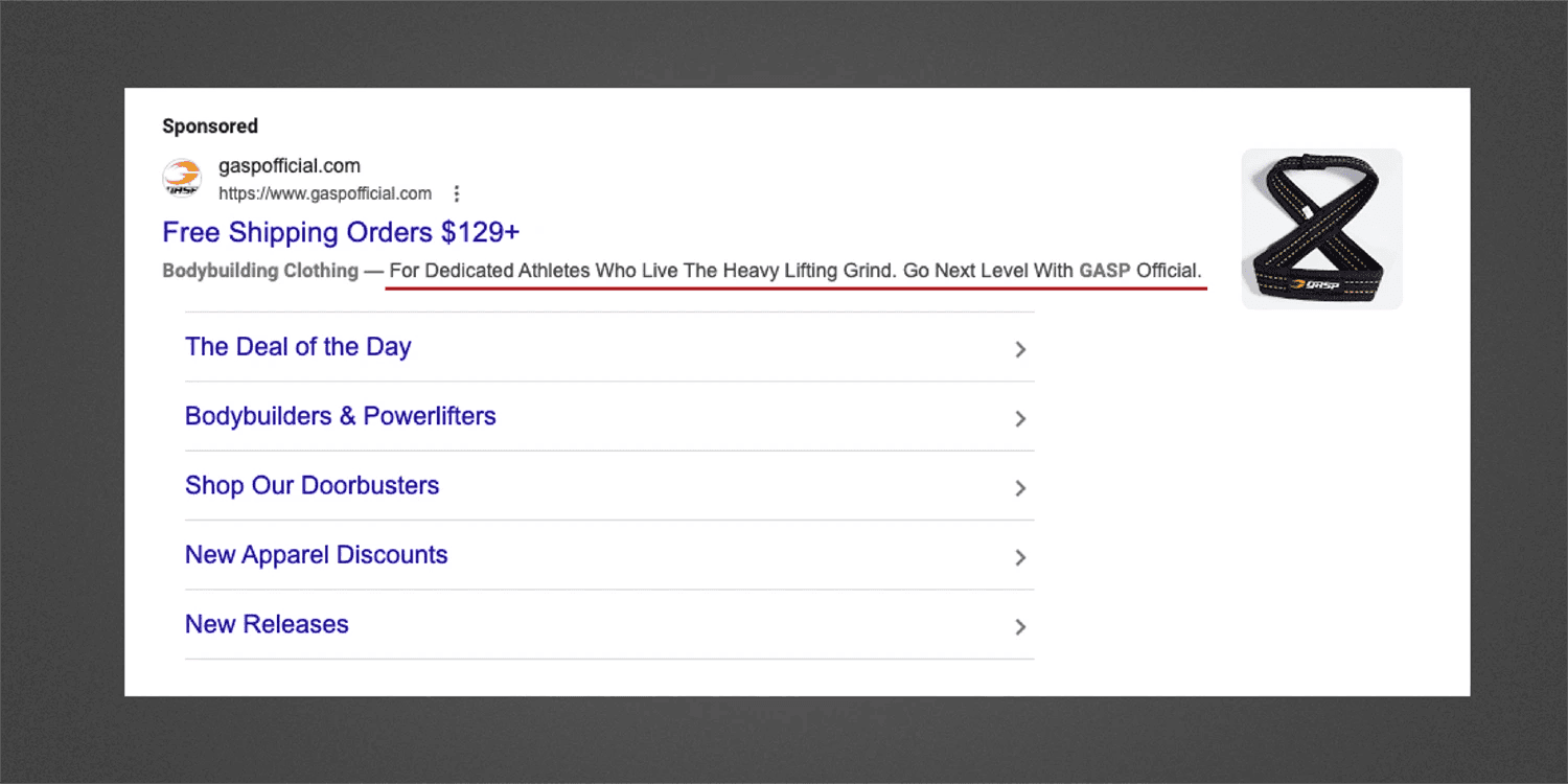 A screenshot of a sponsored Google ad for Gasp with the words "for dedicated athletes who live the heavy lifting grind" underlined in red.