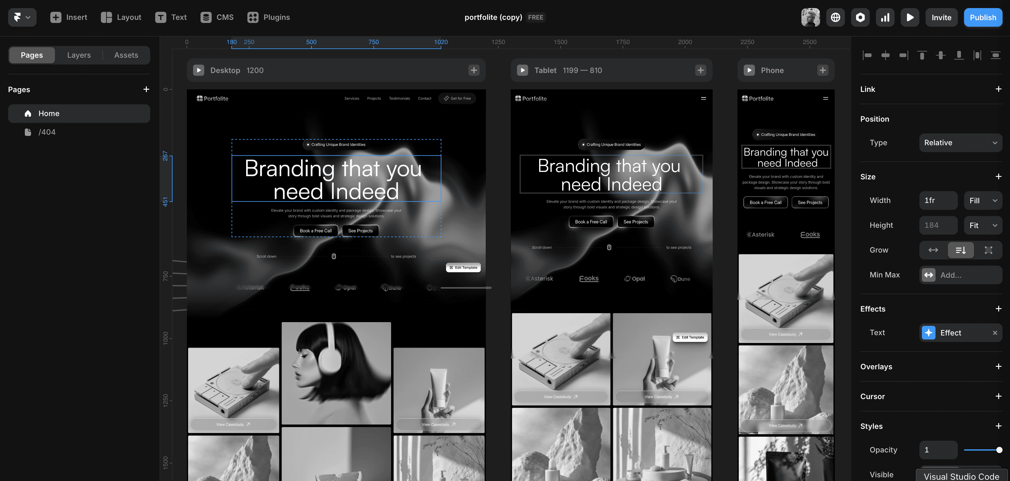 Vue de l'interface responsive de Framer