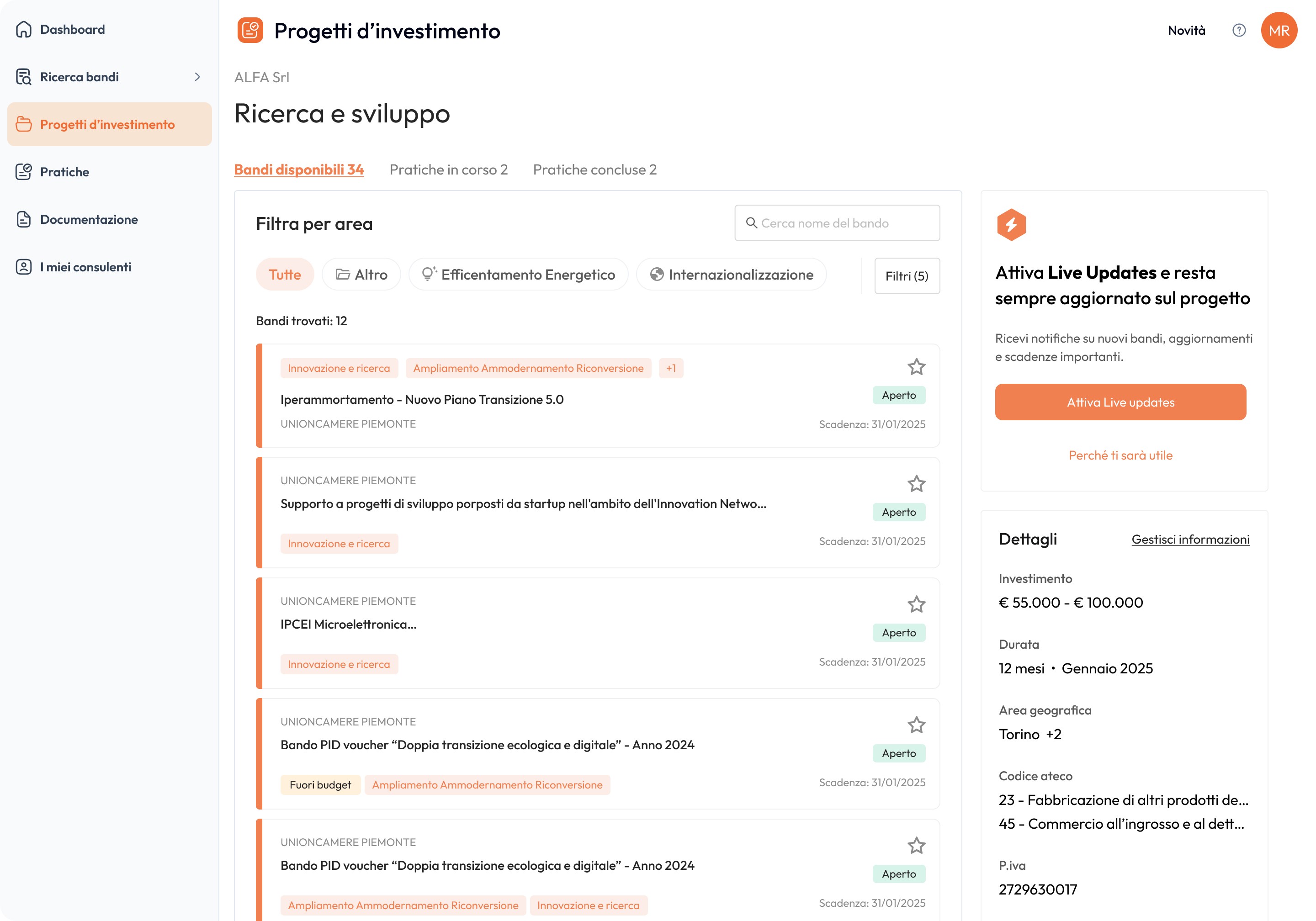 Dashboard della piattaforma Muffin con progetti e bandi di finanza agevolata