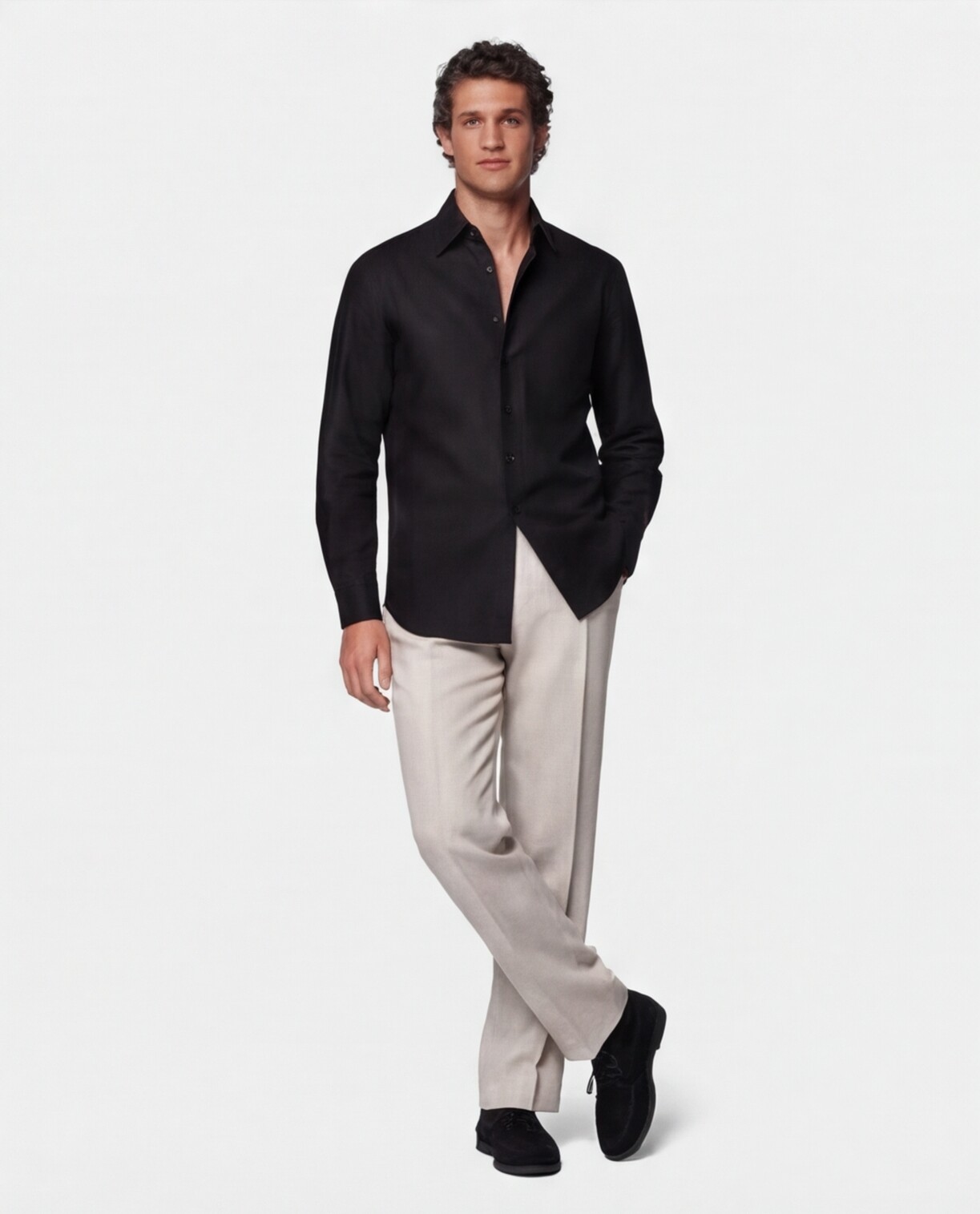 Black Shirt with Beige Trousers