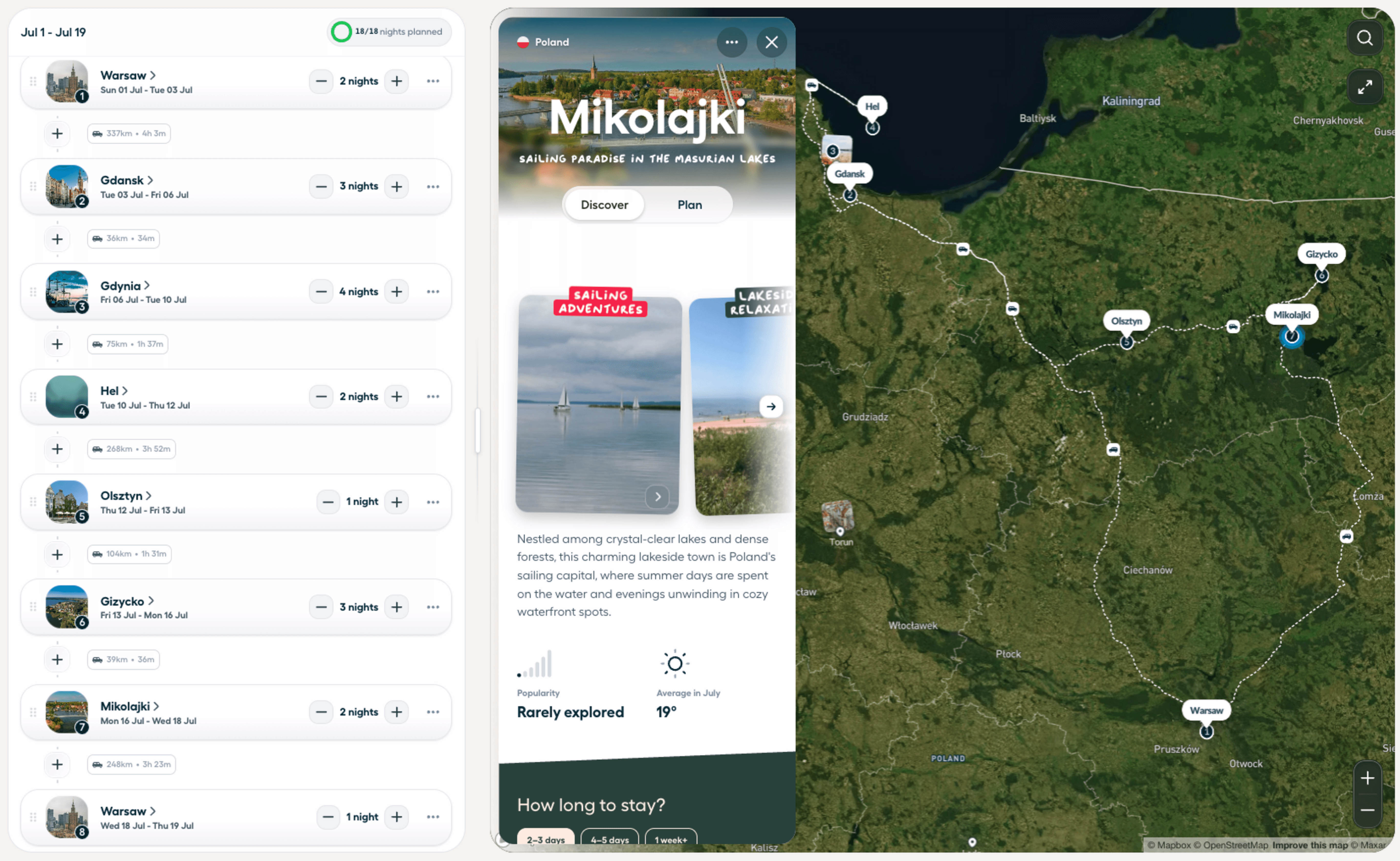 Polarsteps Trip Planner showing a route from Warsaw to the Baltic coast and Masurian Lakes, with destination recommendations and an interactive map.