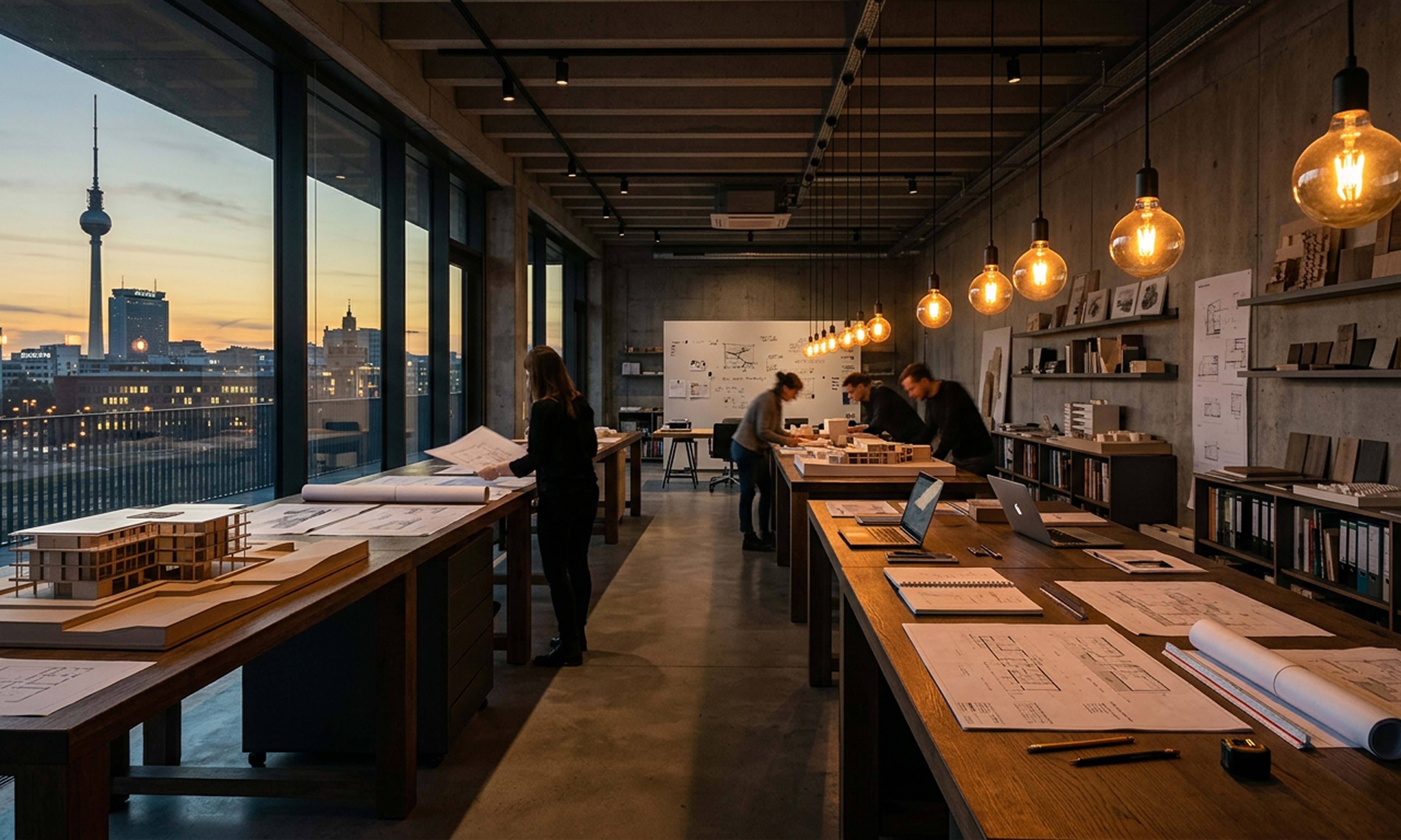 An architectural office at dusk with several staff members working at wooden tables covered in blueprints and model structures, featuring a large window view of the Berlin TV Tower against a sunset sky and industrial-style hanging pendant lights.