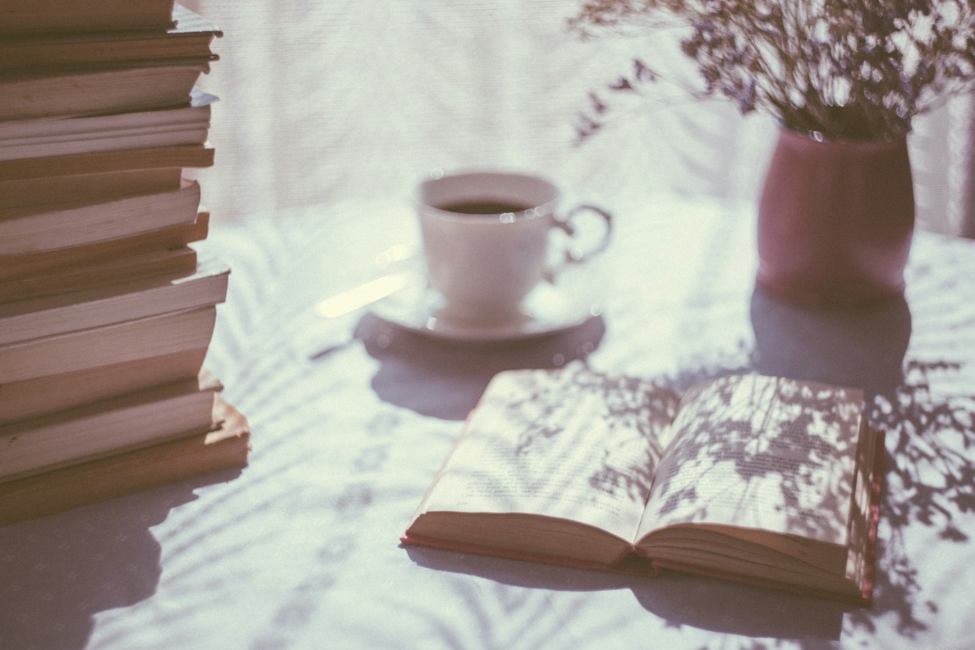 Open book and tea set in gentle light