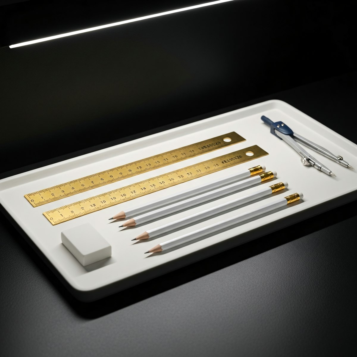 A sleek arrangement of golden rulers, white pencils, a compass, and an eraser on a white tray, perfect for a modern workspace.