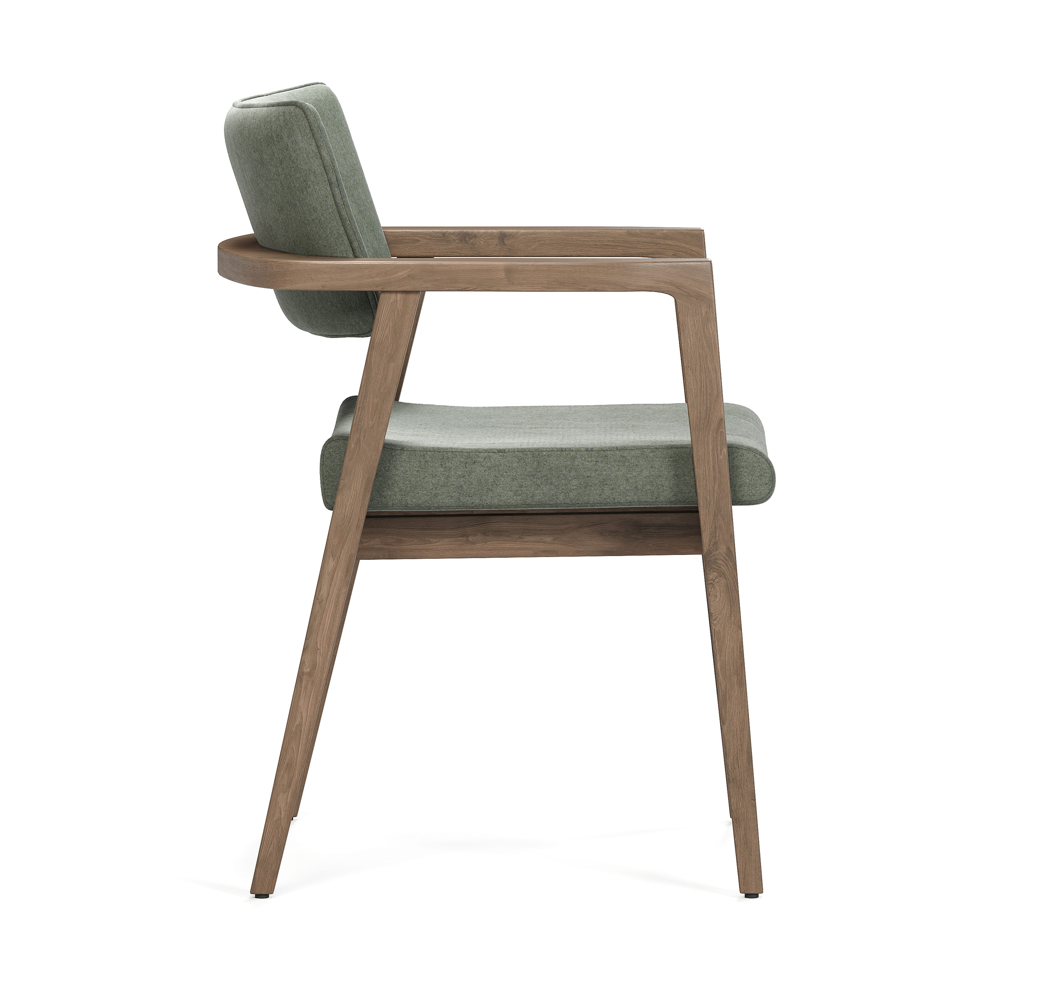 Side view of wooden armchair with upholstered seat and angled legs
