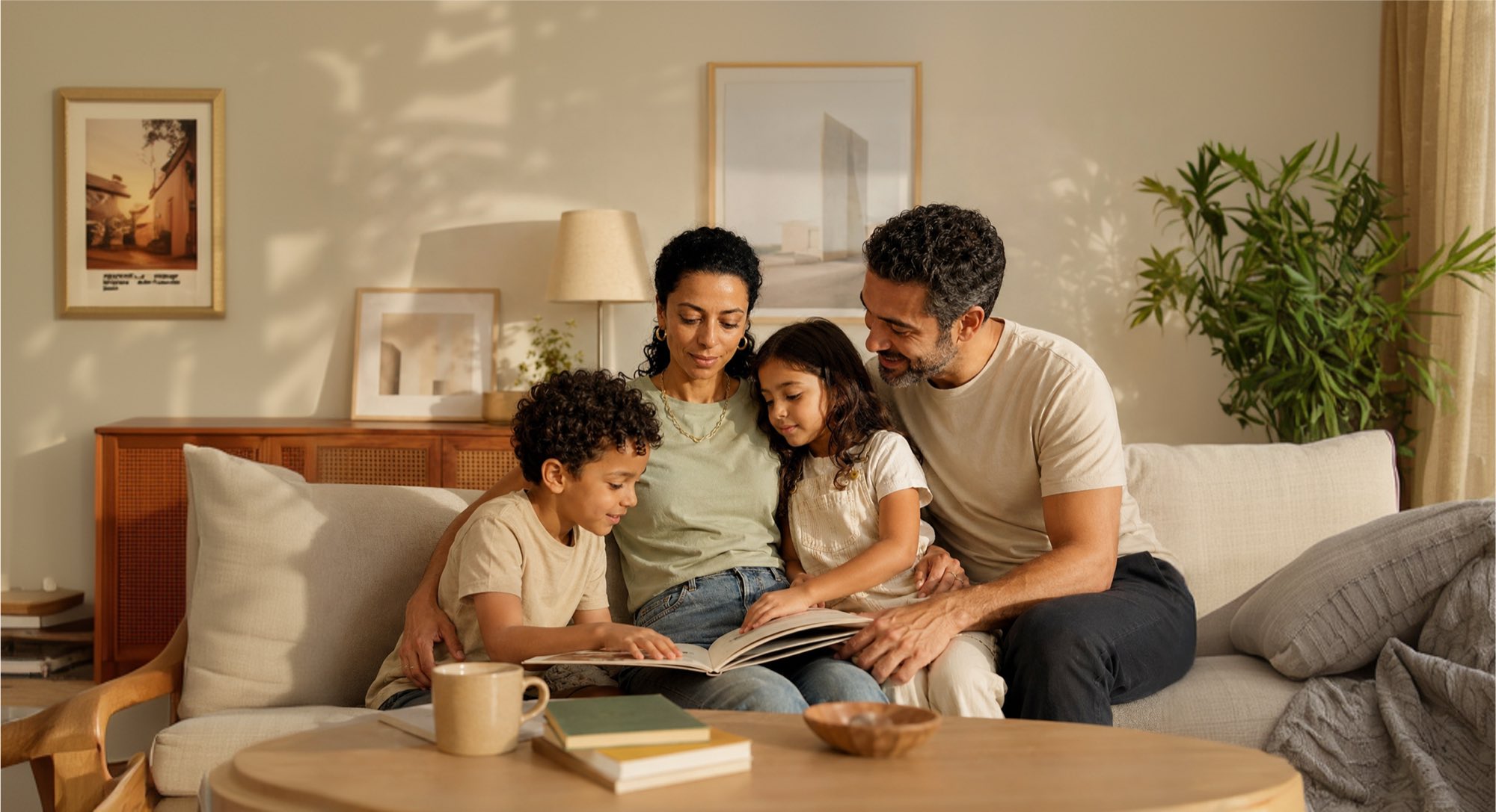 A family of four reading a picture book together on a sofa in a warm living room