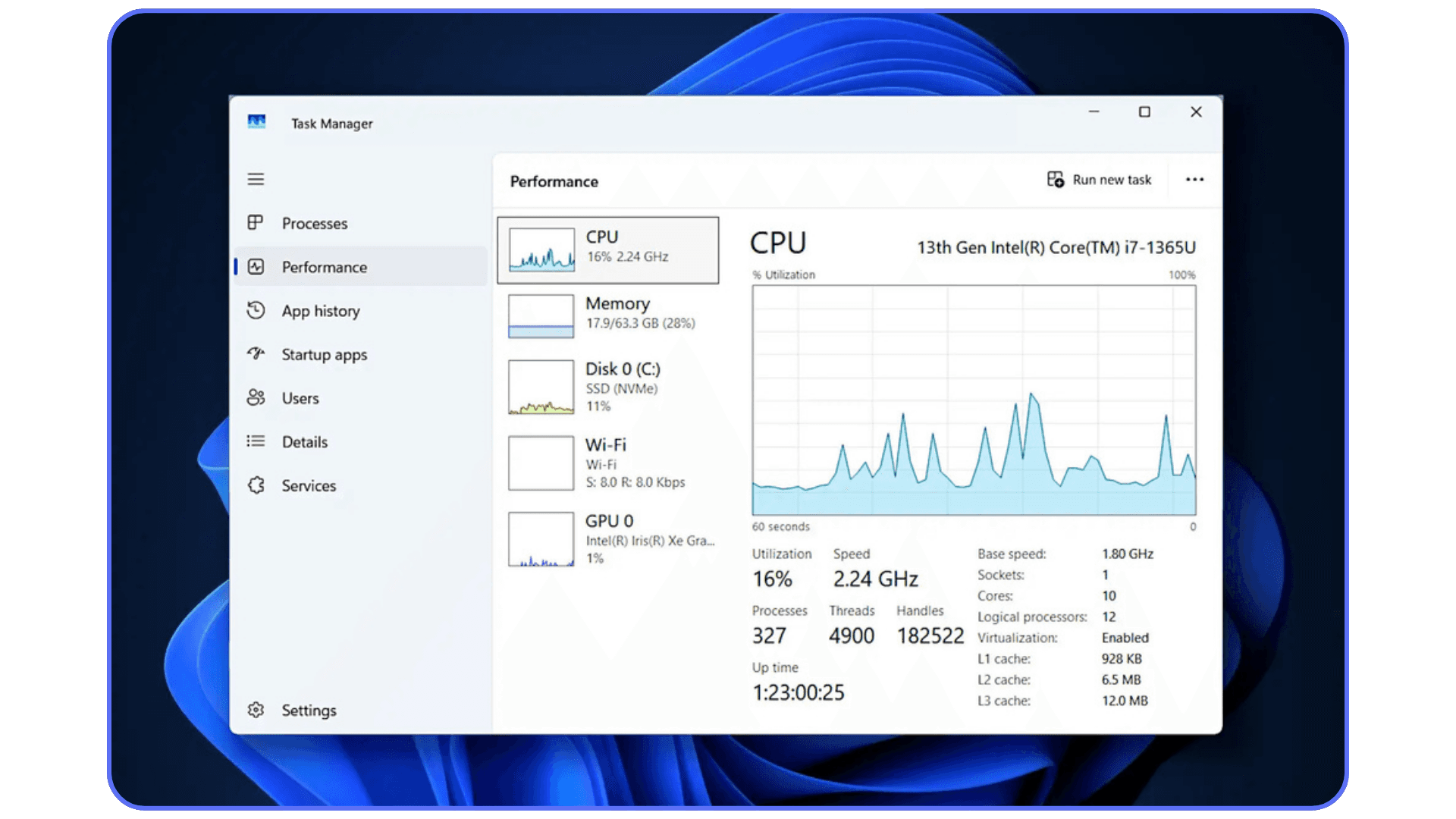 Windows Task Manager performance tab showing CPU, GPU, and memory usage for diagnosing AutoCAD bottlenecks.